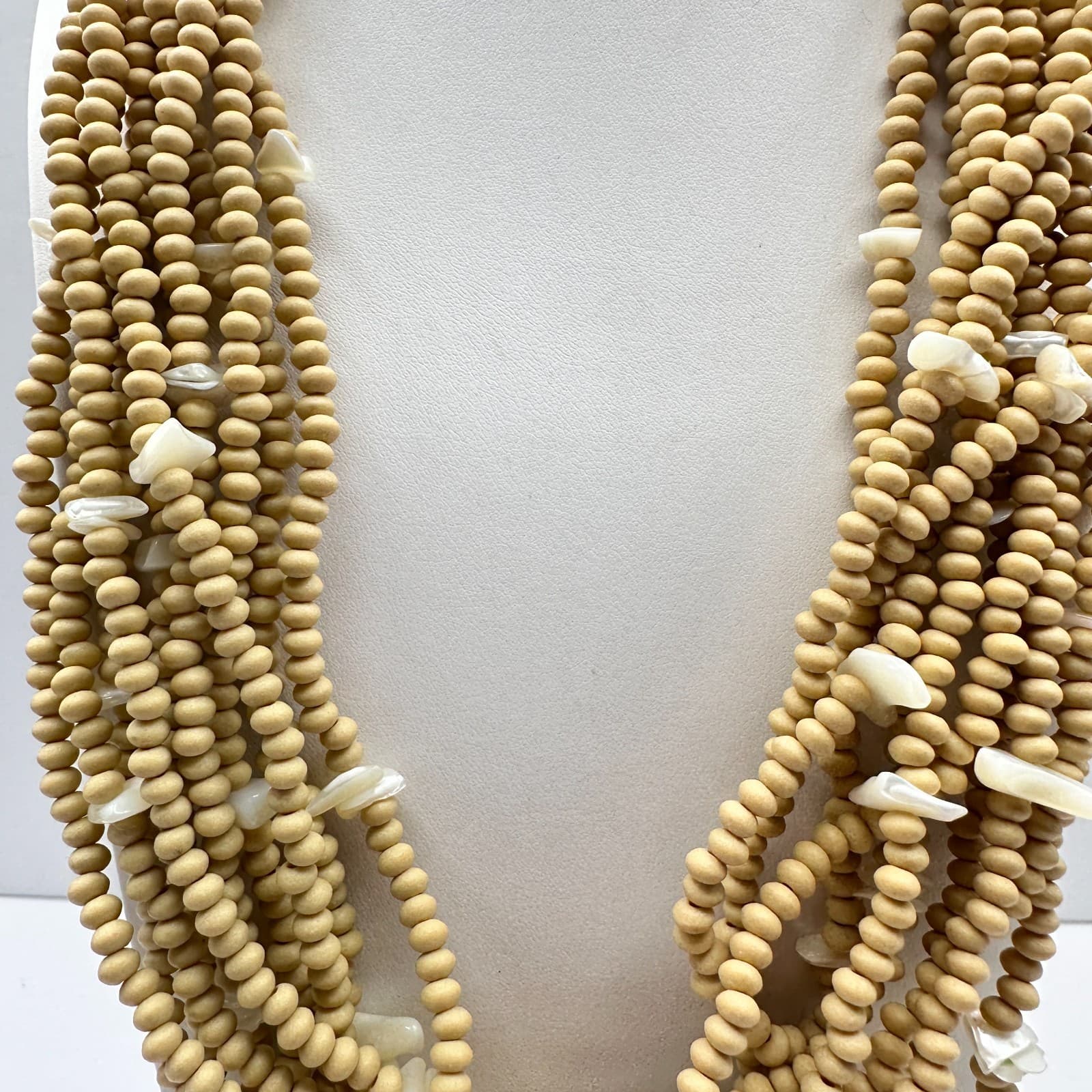 Vintage 90s Multi-Strand Wood Bead Shell Necklace Boho Classic Women's Jewelry - Thumbnail 2