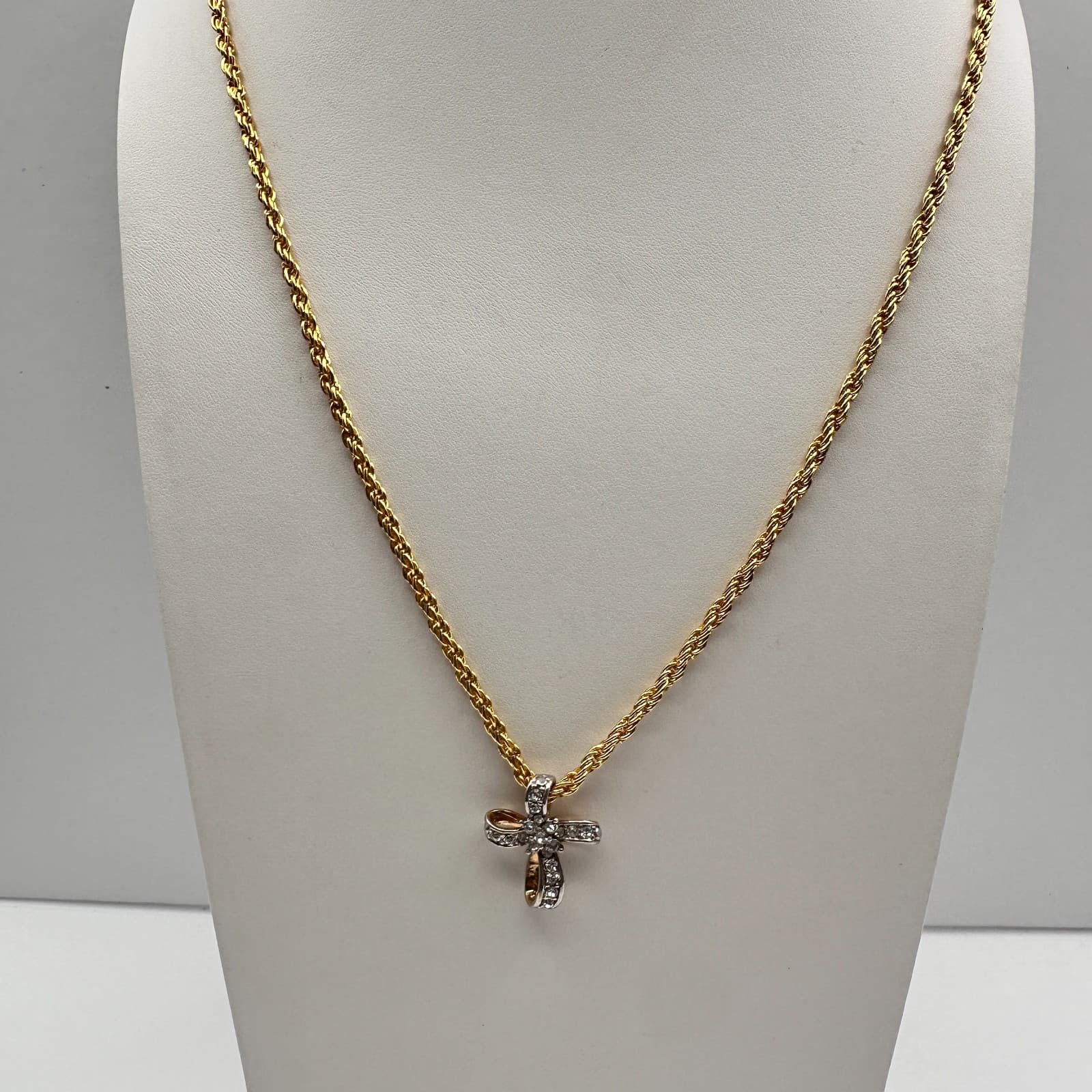 Vintage 90s Gold Tone Rope Chain Necklace Clear Rhinestone Ribbon Cross Pendant - Image 1