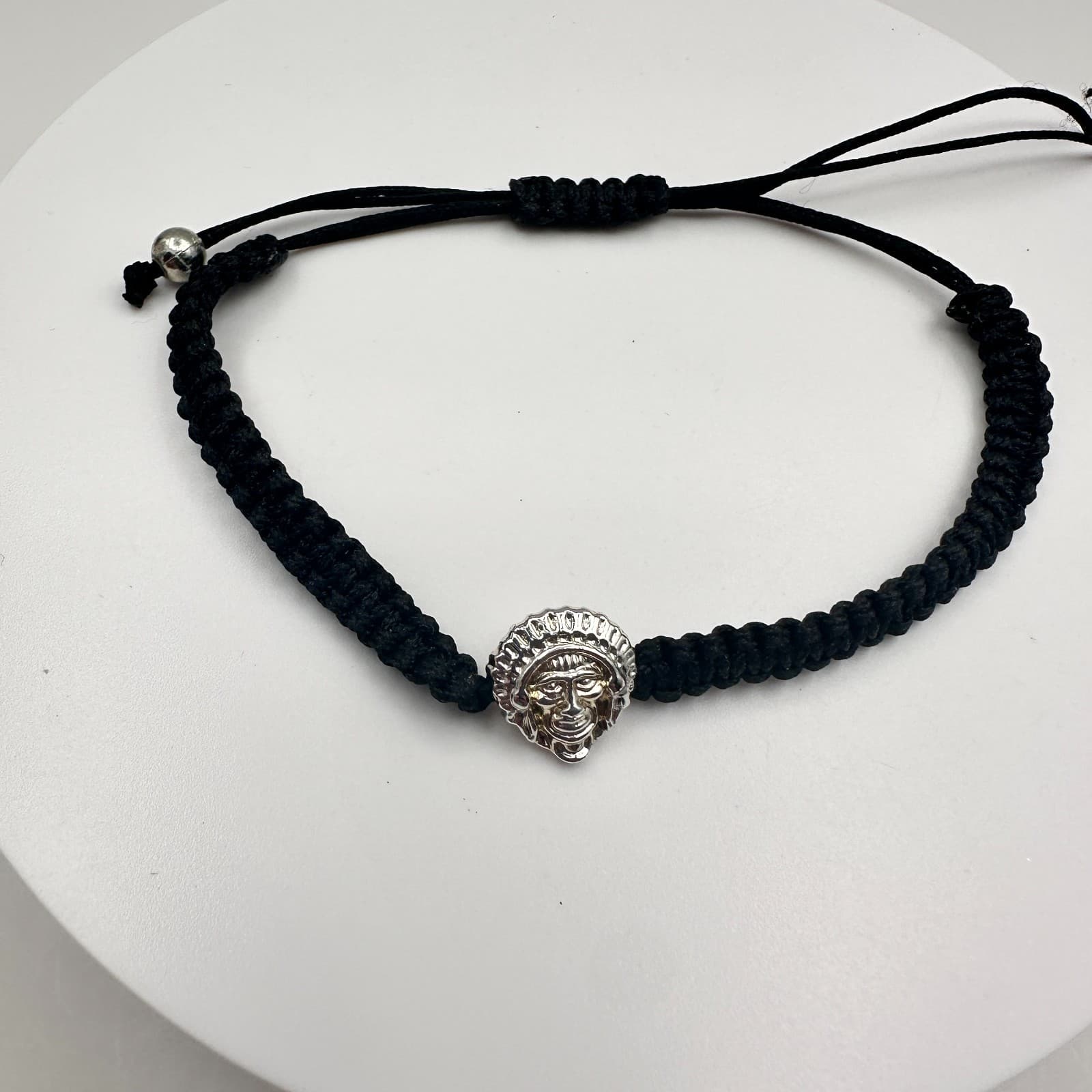 Vintage 90s Silver Tone Native American Chief Head Black Braided Cord Bracelet - Image 1
