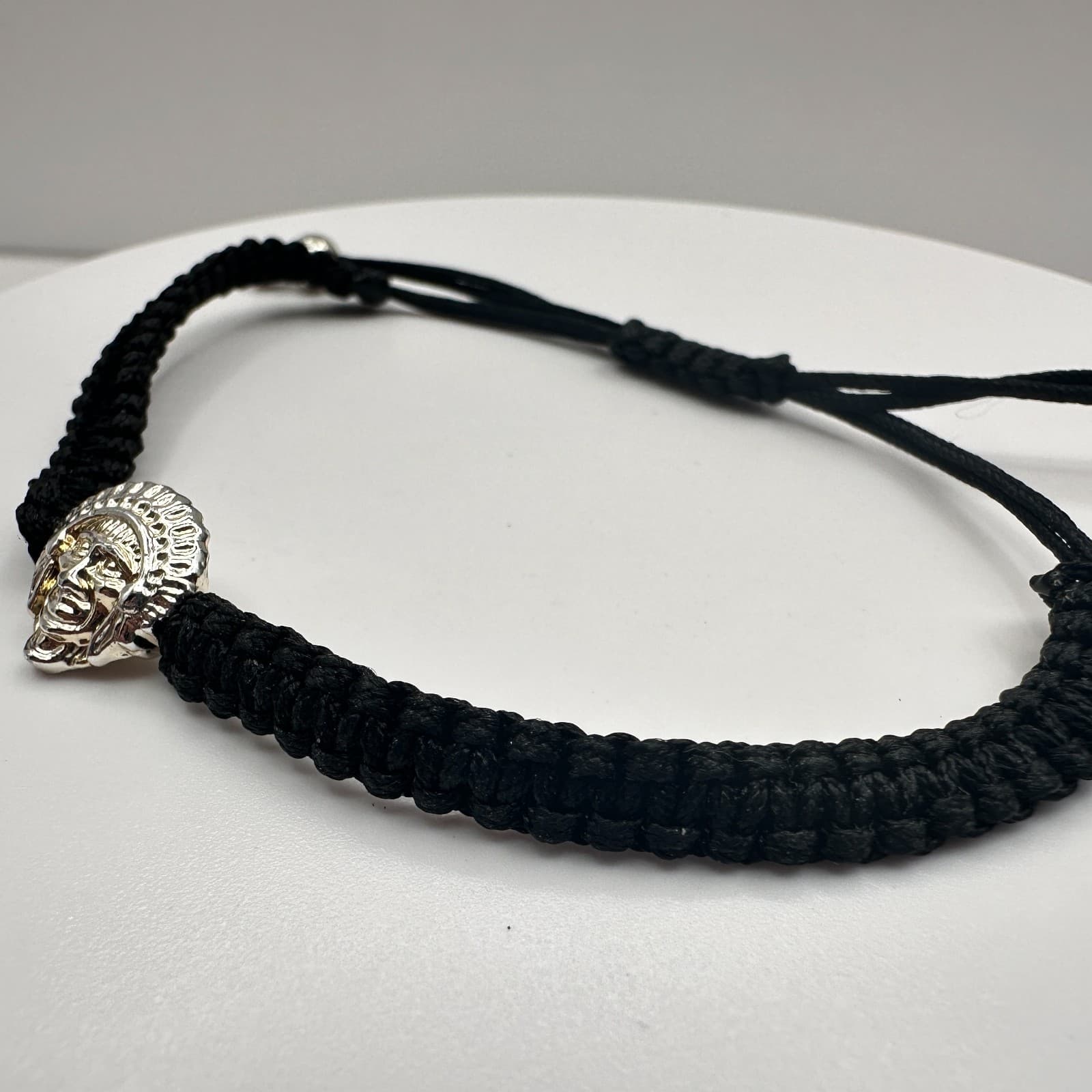 Vintage 90s Silver Tone Native American Chief Head Black Braided Cord Bracelet - Thumbnail 6