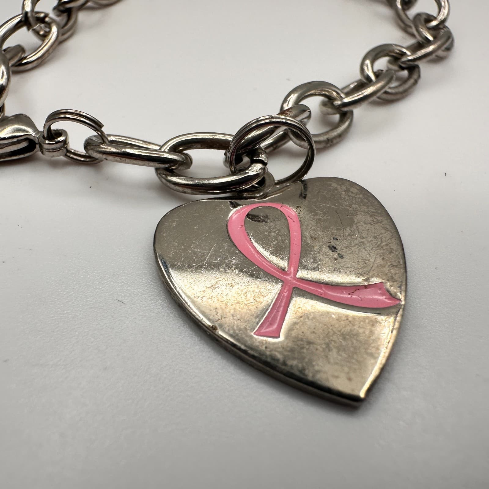Vintage Y2K Silver Tone Bracelet Breast Cancer Awareness Pink Ribbon Heart Charm - Thumbnail 3