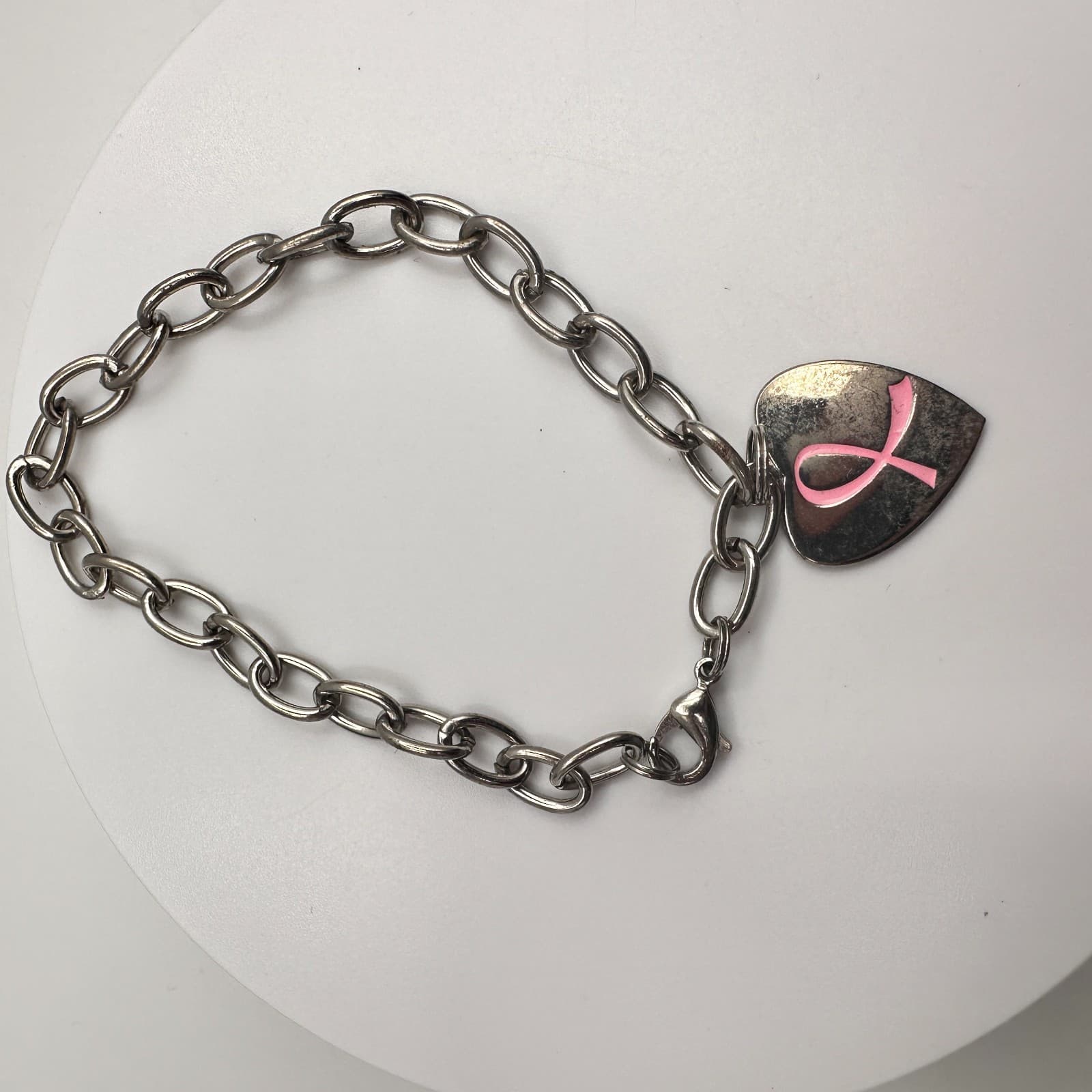 Vintage Y2K Silver Tone Bracelet Breast Cancer Awareness Pink Ribbon Heart Charm - Thumbnail 6