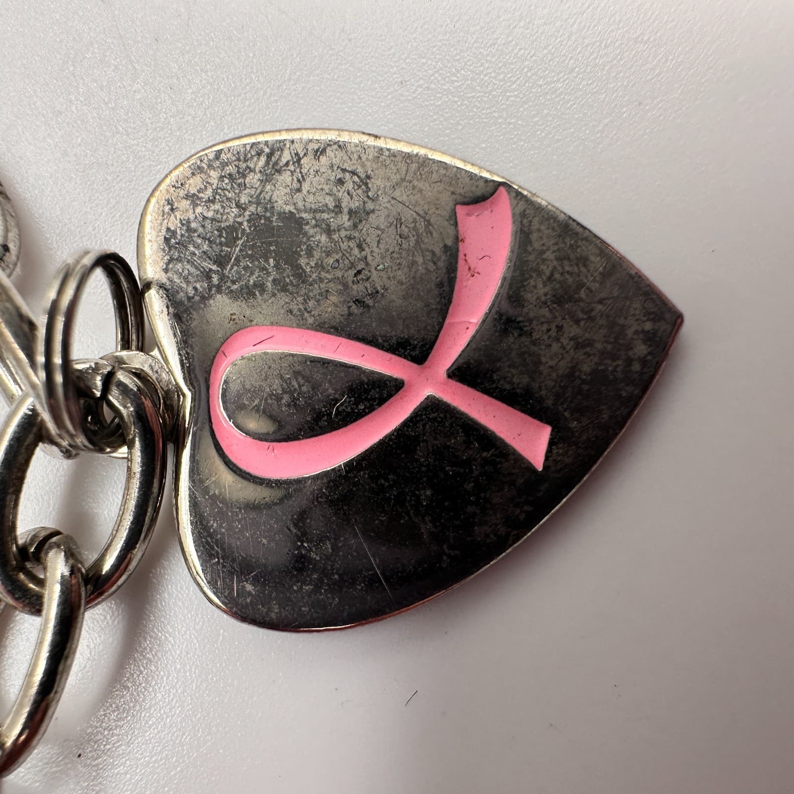 Vintage Y2K Silver Tone Bracelet Breast Cancer Awareness Pink Ribbon Heart Charm - Thumbnail 7