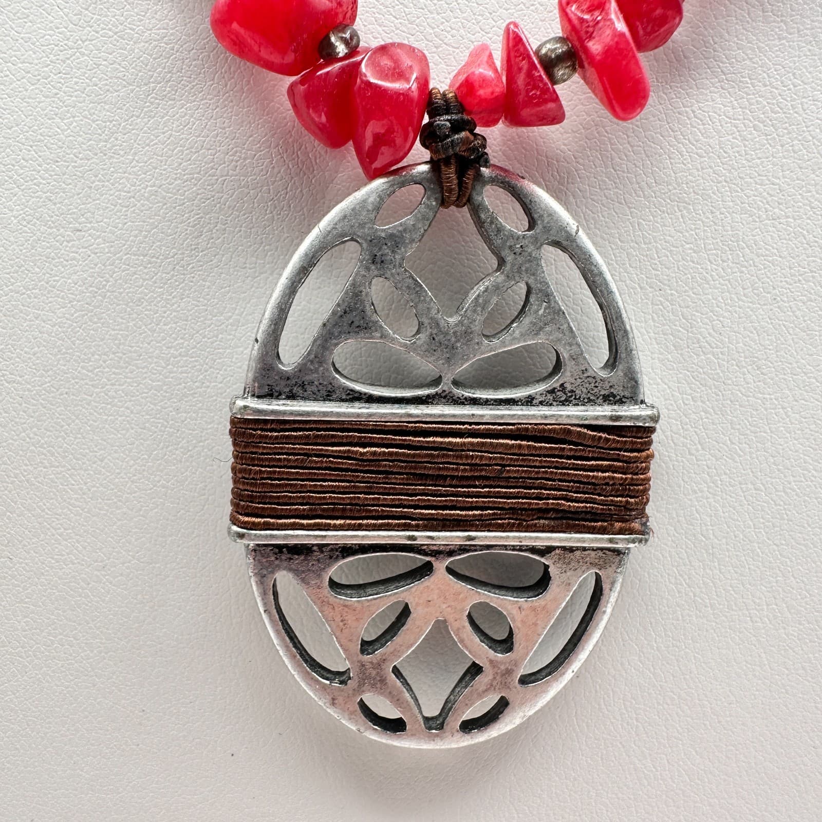 Vintage 90s Boho Creek Necklace Red Stone Chips Beads Silver Tone Pendant - Image 1