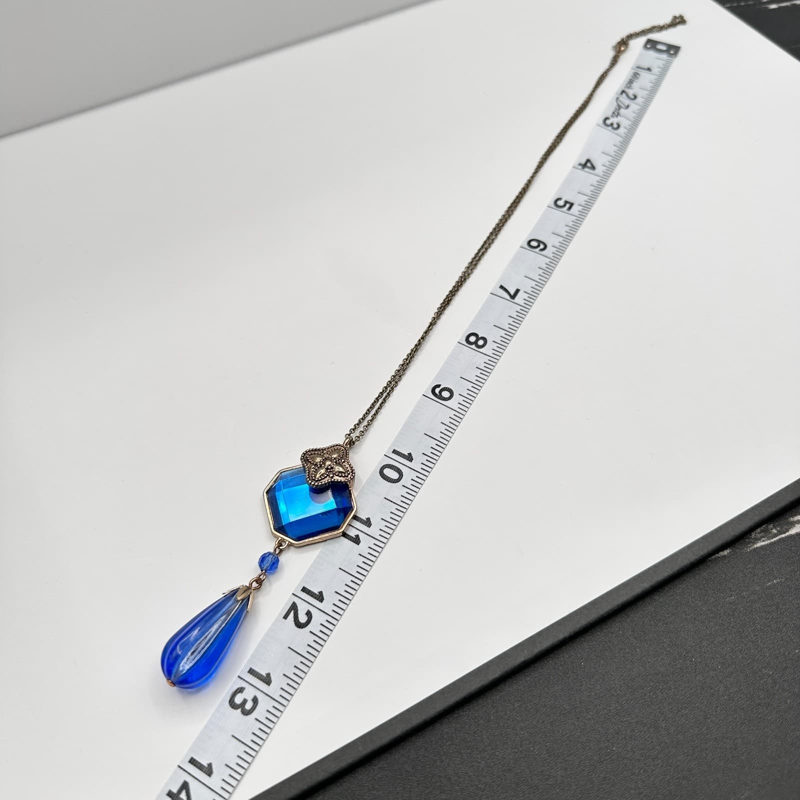 Vintage 90s Y2K Blue Hexagon Tassel Crystal Pendant Necklace Silver Tone Boho - Thumbnail 13