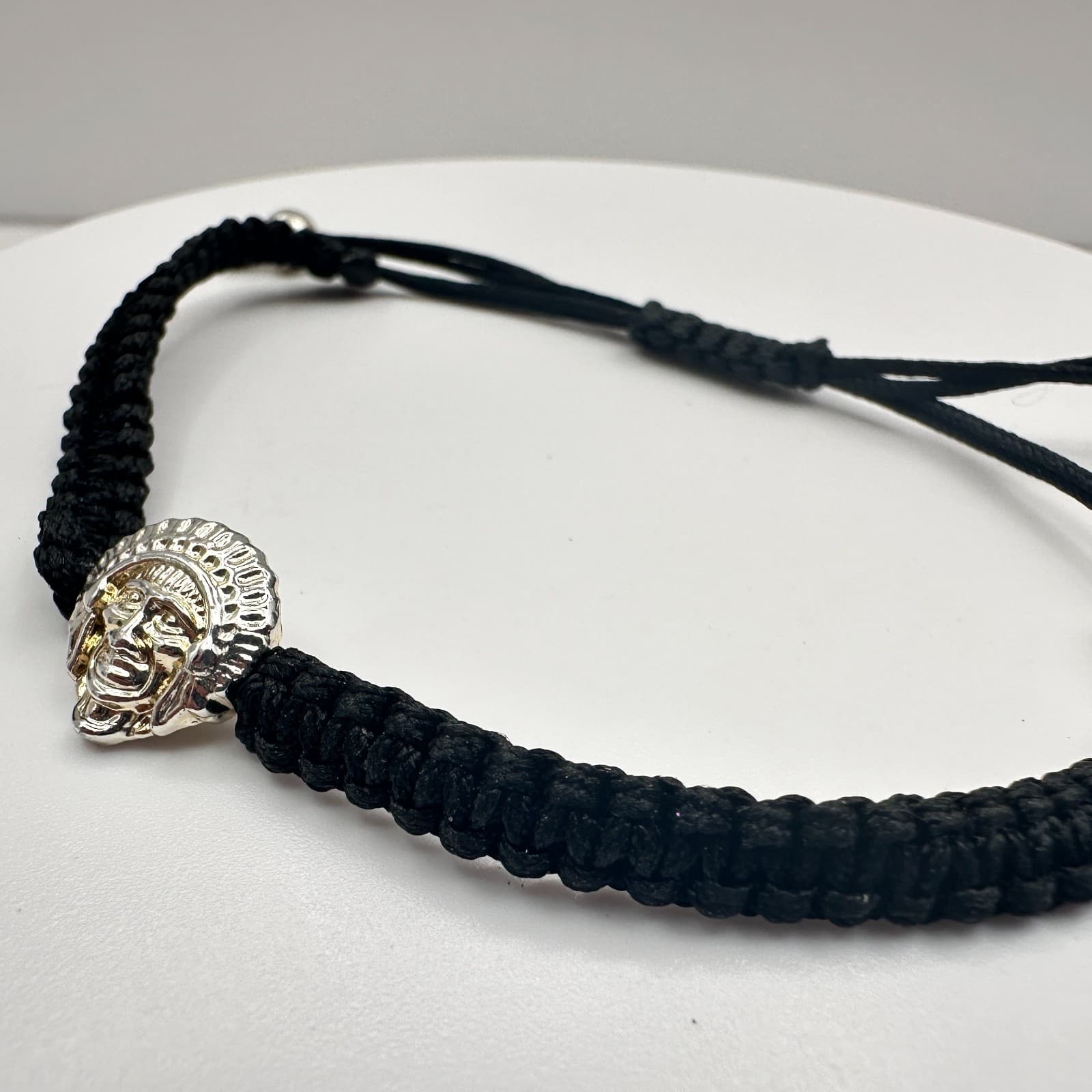 Vintage 90s Silver Tone Native American Chief Head Black Braided Cord Bracelet - Thumbnail 7