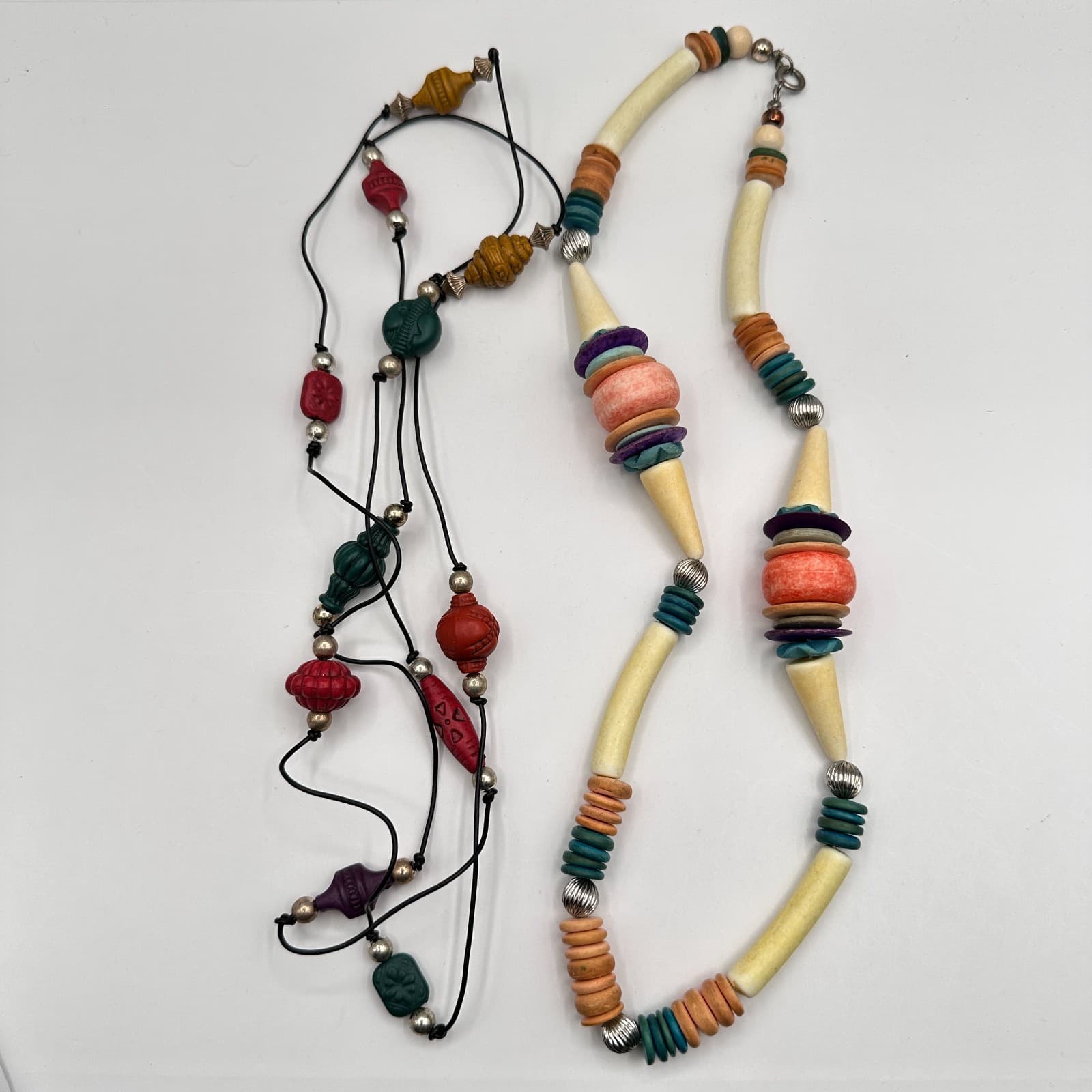 Vintage 80s Multi-Colour Boohoo Carved Wood & Bead Necklaces Jewelry - Image 1