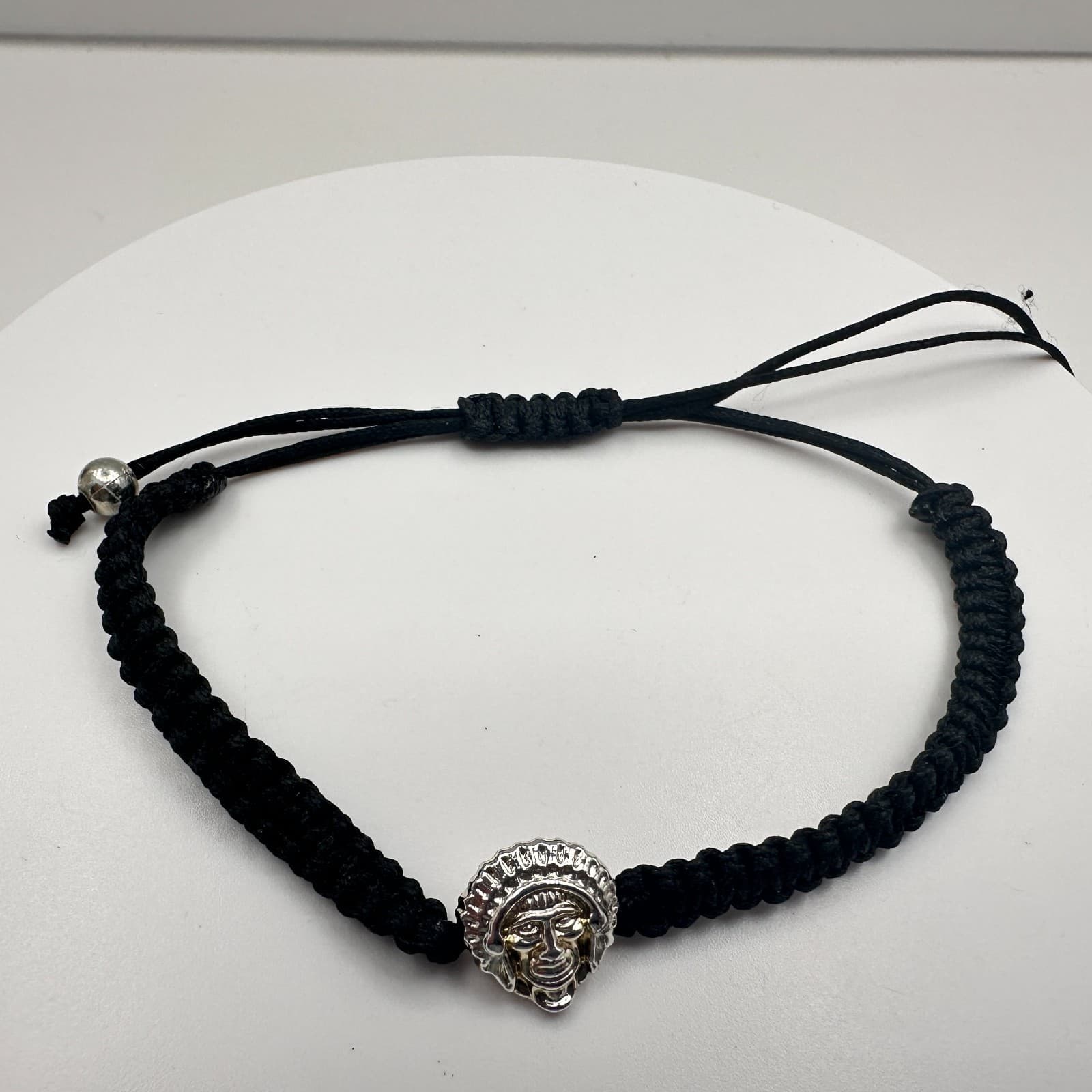 Vintage 90s Silver Tone Native American Chief Head Black Braided Cord Bracelet - Thumbnail 5