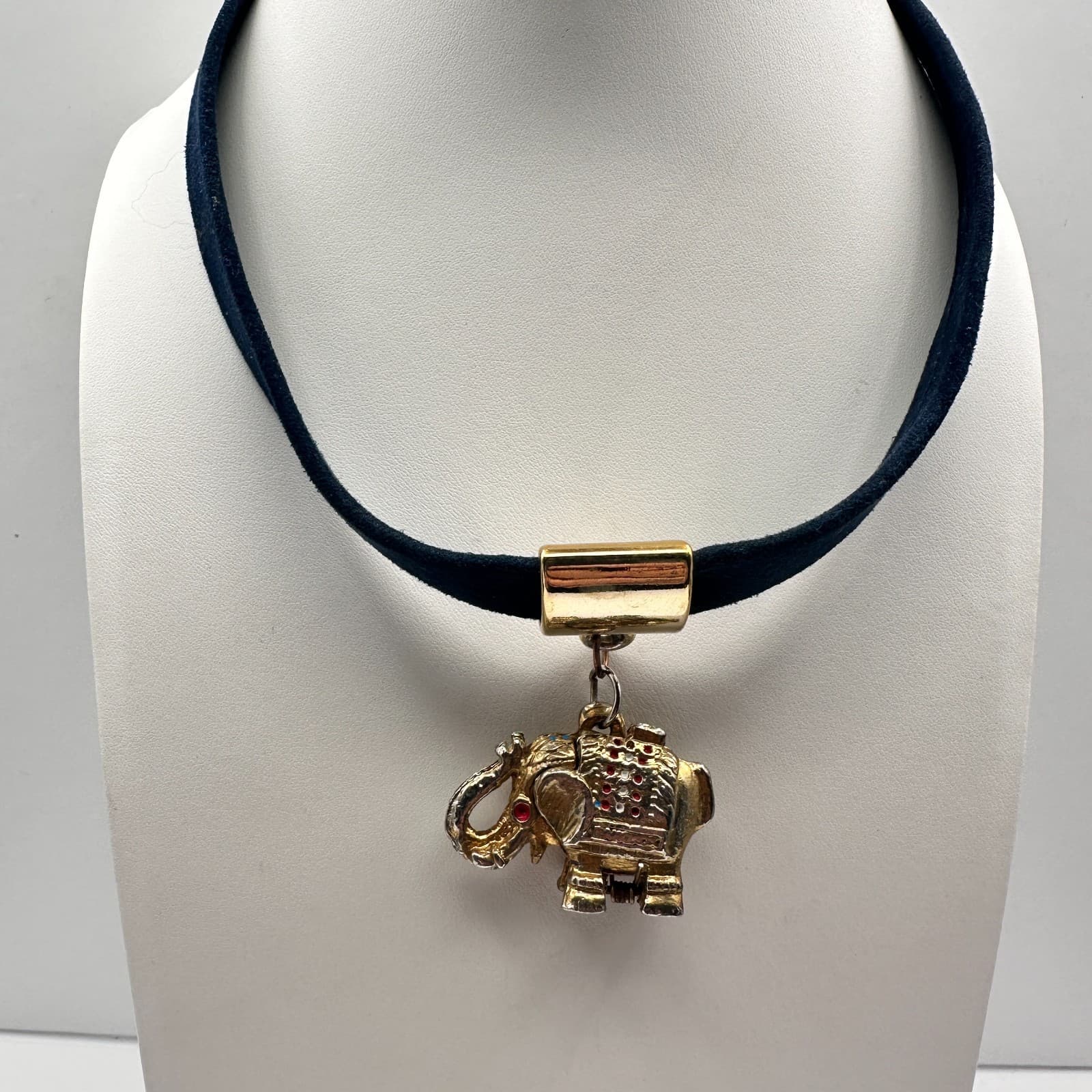 Vintage 90s Gold Tone Elephant Choker Necklace Red Crystal Eye Black Suede Cord - Thumbnail 2