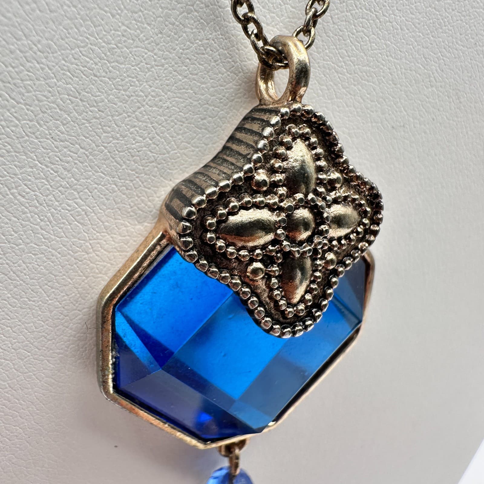 Vintage 90s Y2K Blue Hexagon Tassel Crystal Pendant Necklace Silver Tone Boho - Thumbnail 8