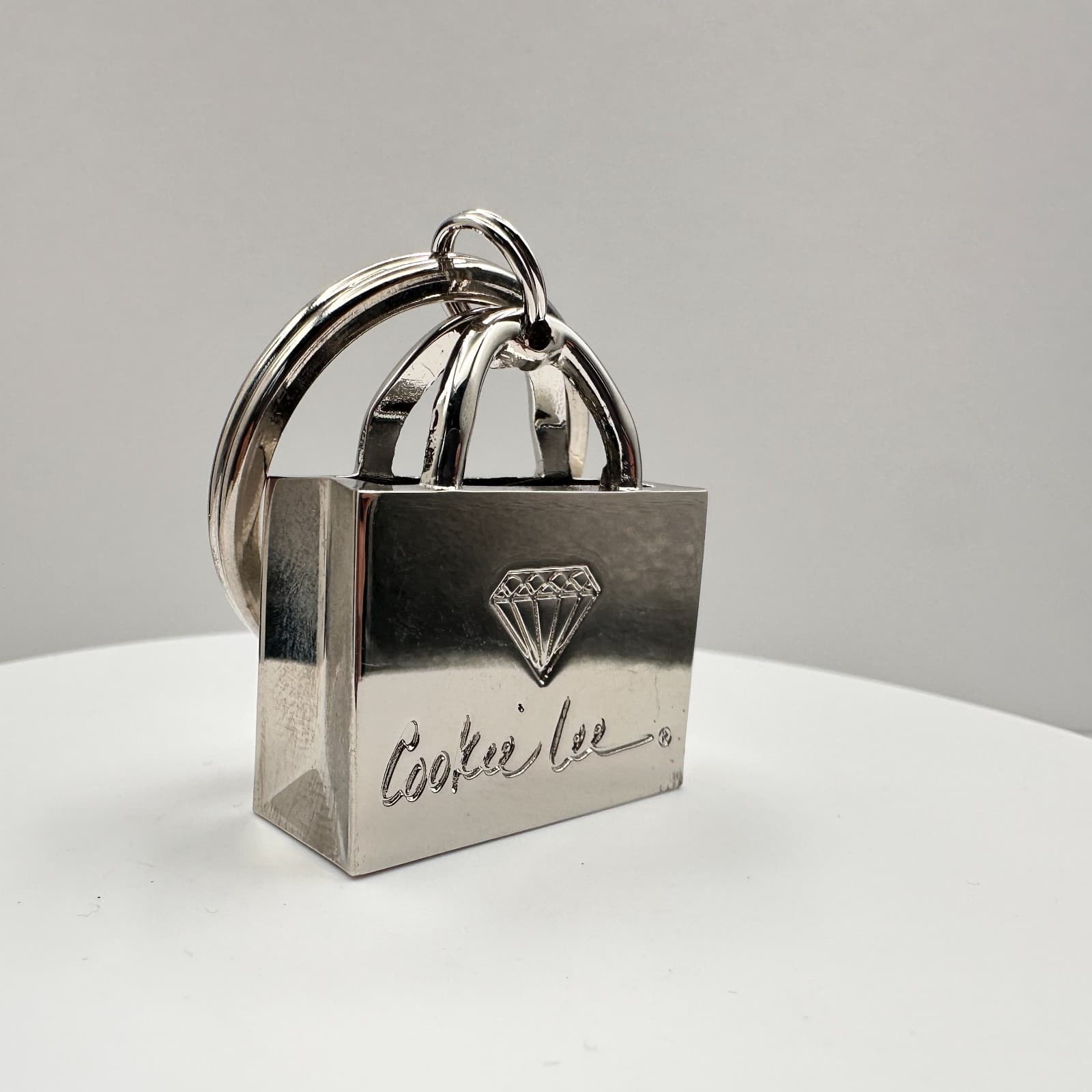 Vintage 90s Cookie Lee Silver Tone Shopping Bag Purse Keychain Fob Charm Gift - Image 1