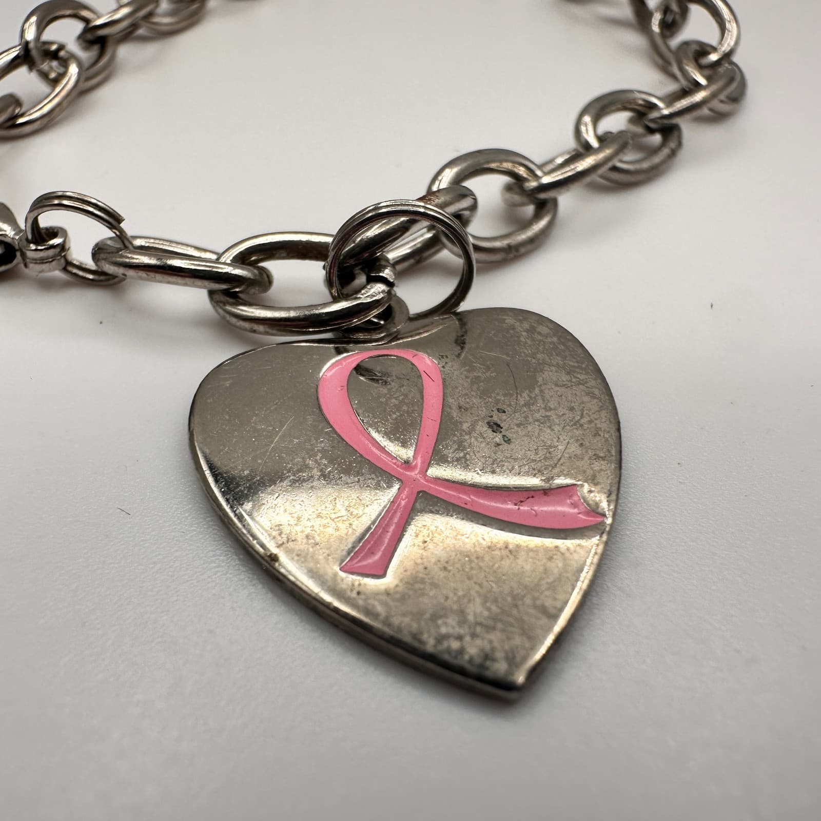 Vintage Y2K Silver Tone Bracelet Breast Cancer Awareness Pink Ribbon Heart Charm - Thumbnail 5