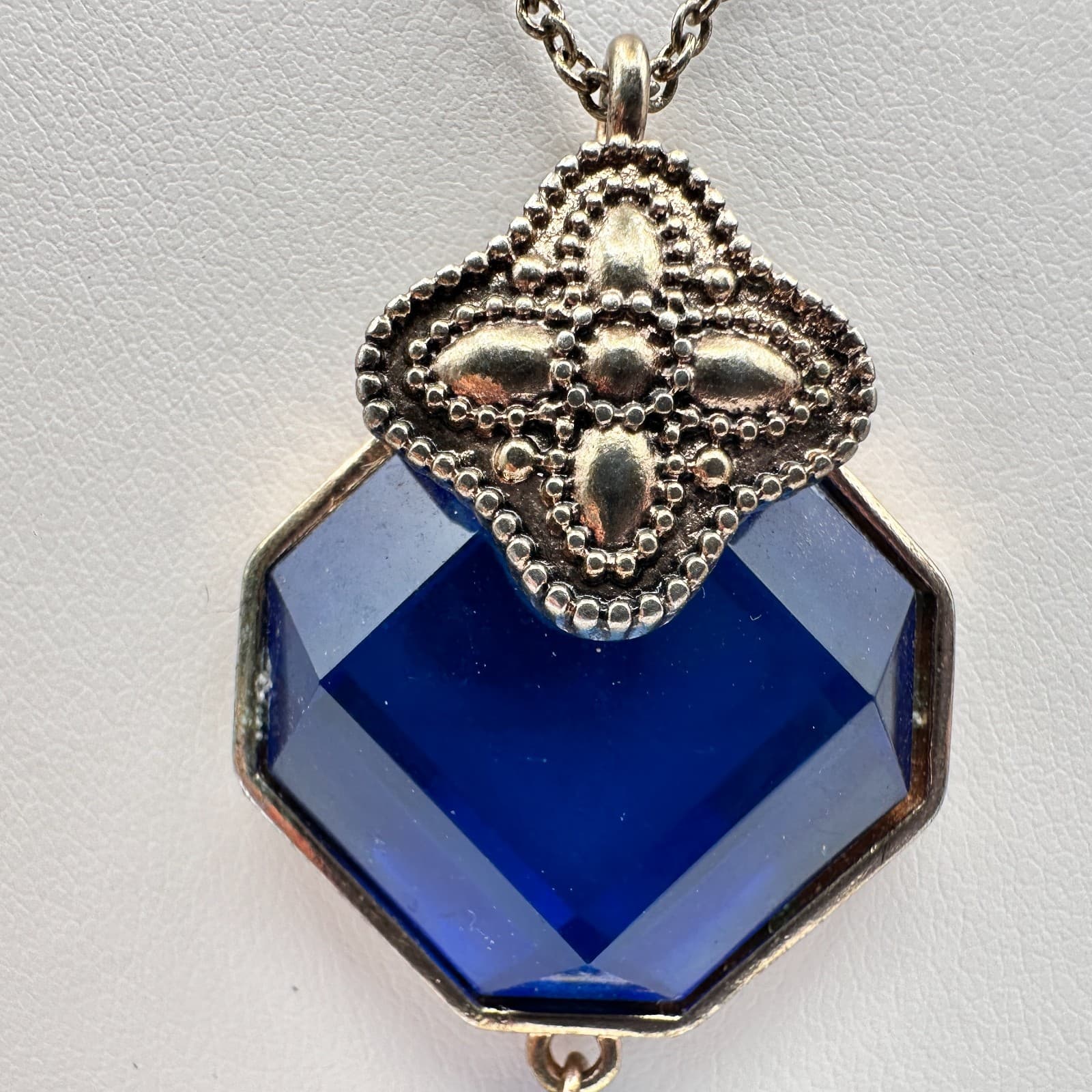 Vintage 90s Y2K Blue Hexagon Tassel Crystal Pendant Necklace Silver Tone Boho - Thumbnail 3