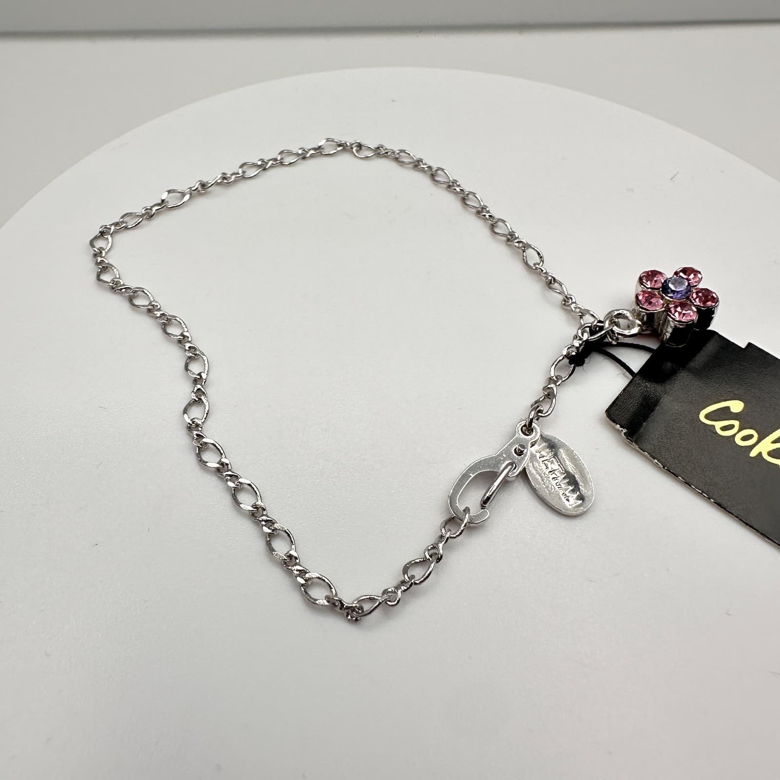 Vintage 80s C-Lee Silver-Tone Chain Pink Crystal Flower Charm Bracelet Jewelry - Thumbnail 2