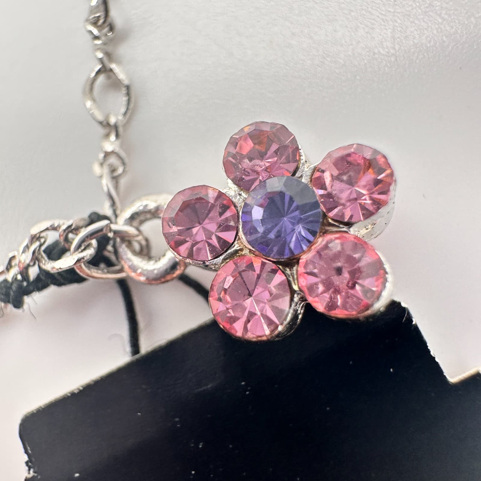 Vintage 80s C-Lee Silver-Tone Chain Pink Crystal Flower Charm Bracelet Jewelry - Thumbnail 5