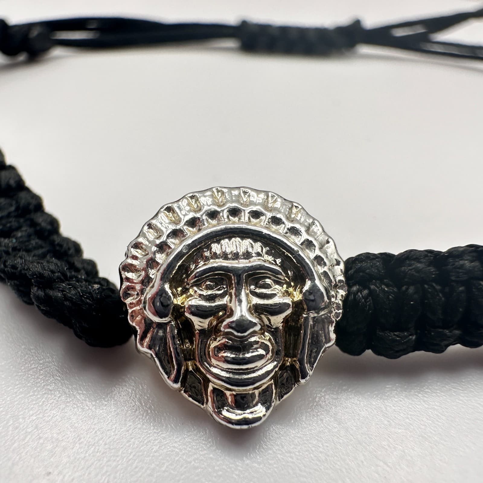 Vintage 90s Silver Tone Native American Chief Head Black Braided Cord Bracelet - Thumbnail 3