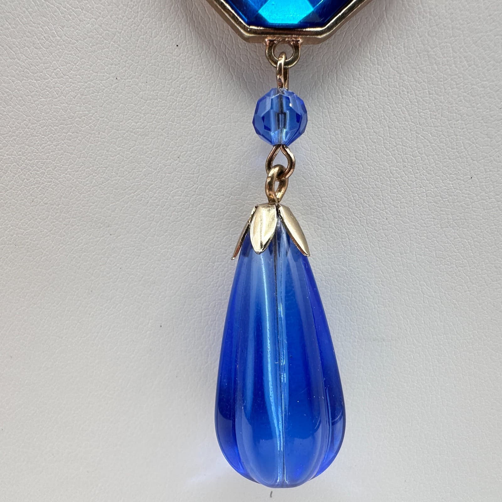 Vintage 90s Y2K Blue Hexagon Tassel Crystal Pendant Necklace Silver Tone Boho - Thumbnail 4