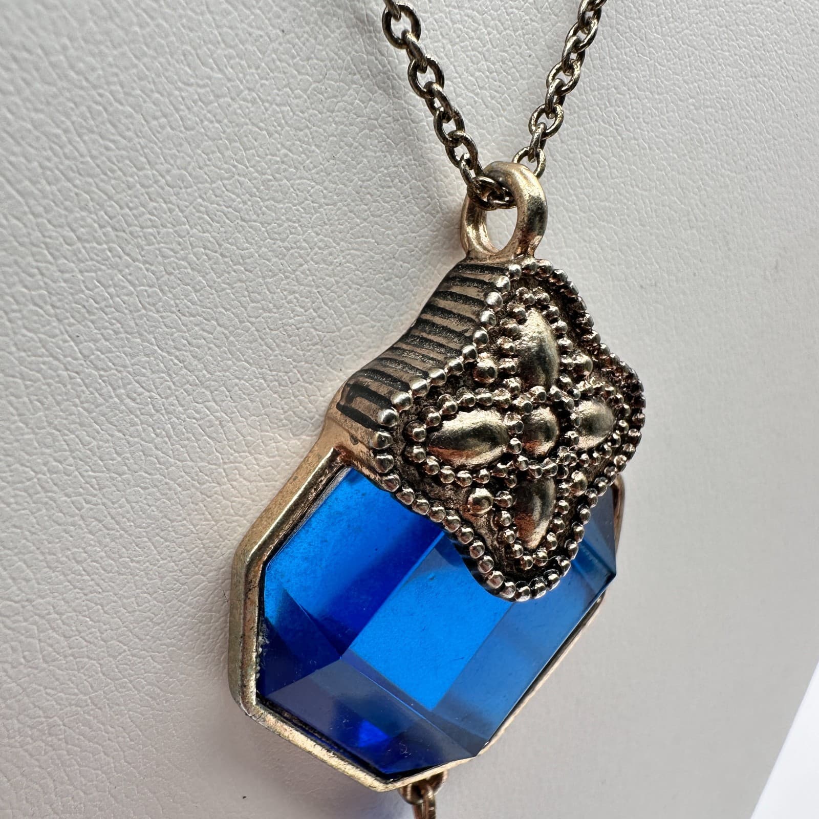 Vintage 90s Y2K Blue Hexagon Tassel Crystal Pendant Necklace Silver Tone Boho - Thumbnail 7