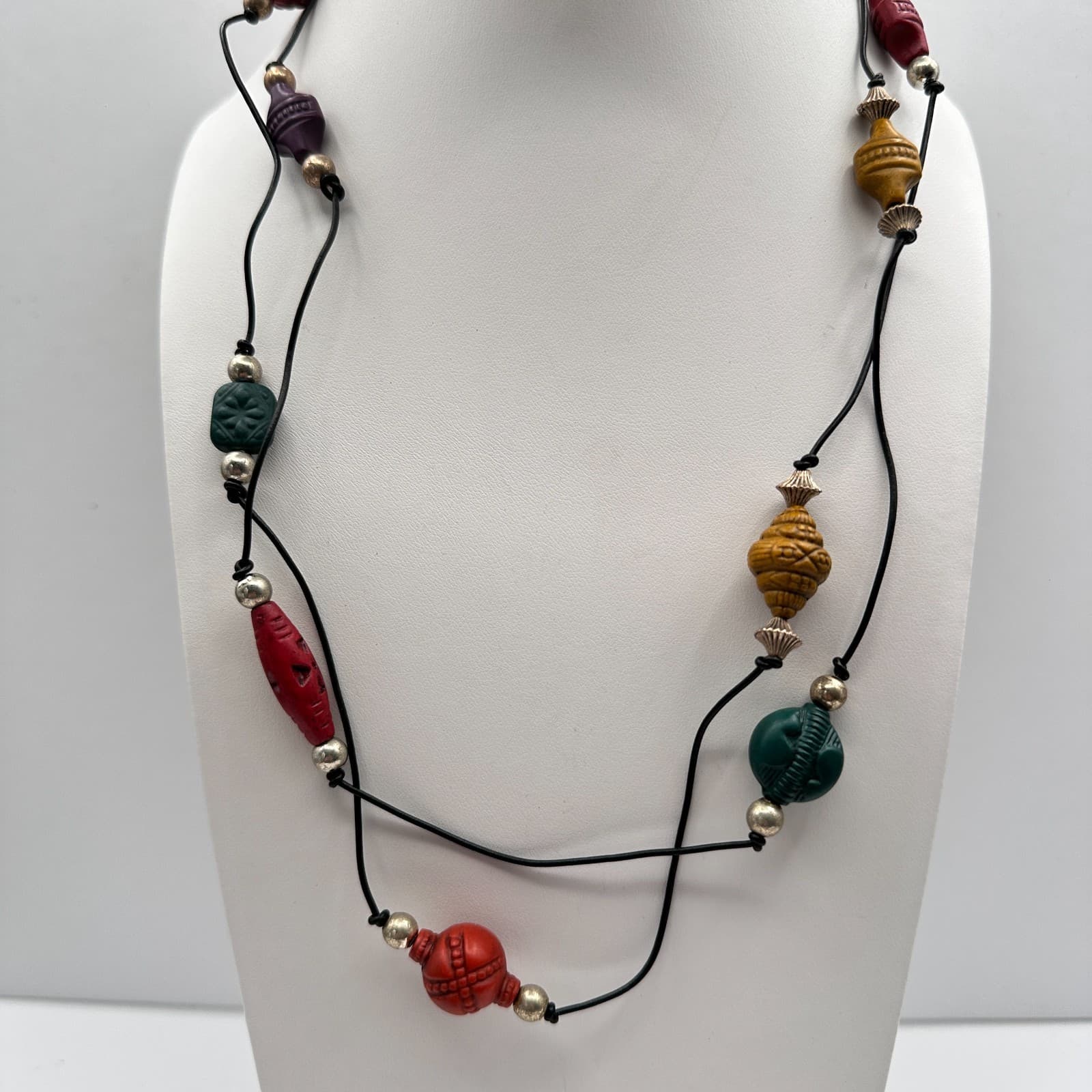 Vintage 80s Multi-Colour Boohoo Carved Wood & Bead Necklaces Jewelry - Thumbnail 11