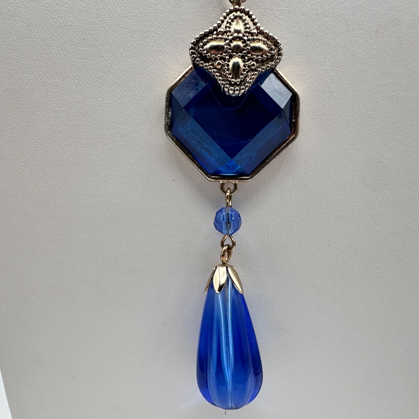 Vintage 90s Y2K Blue Hexagon Tassel Crystal Pendant Necklace Silver Tone Boho - Thumbnail 2