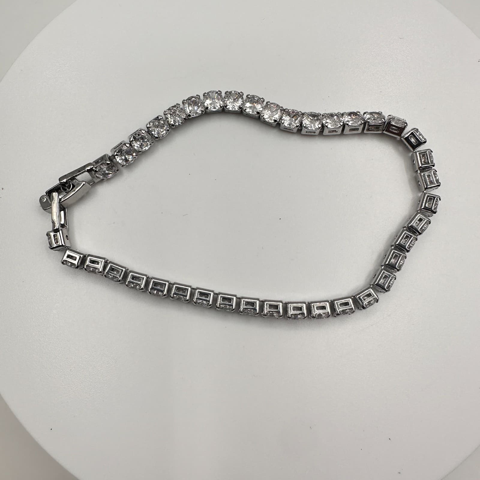 Vintage 90s Silver Tone Tennis Bracelet Brilliant Round Clear Glass Jewelry - Image 1