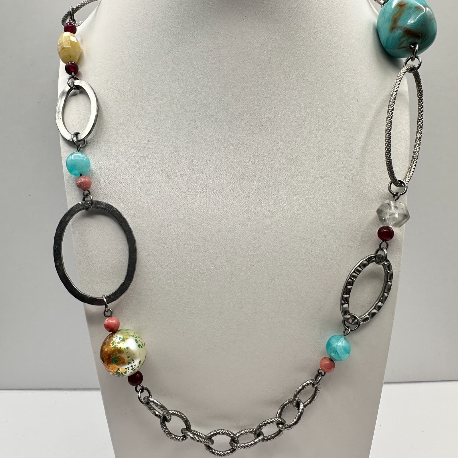 Vintage 90s Boho Multi-Color Stones Chunky Bead Chain Necklace Women's Jewelry - Thumbnail 11