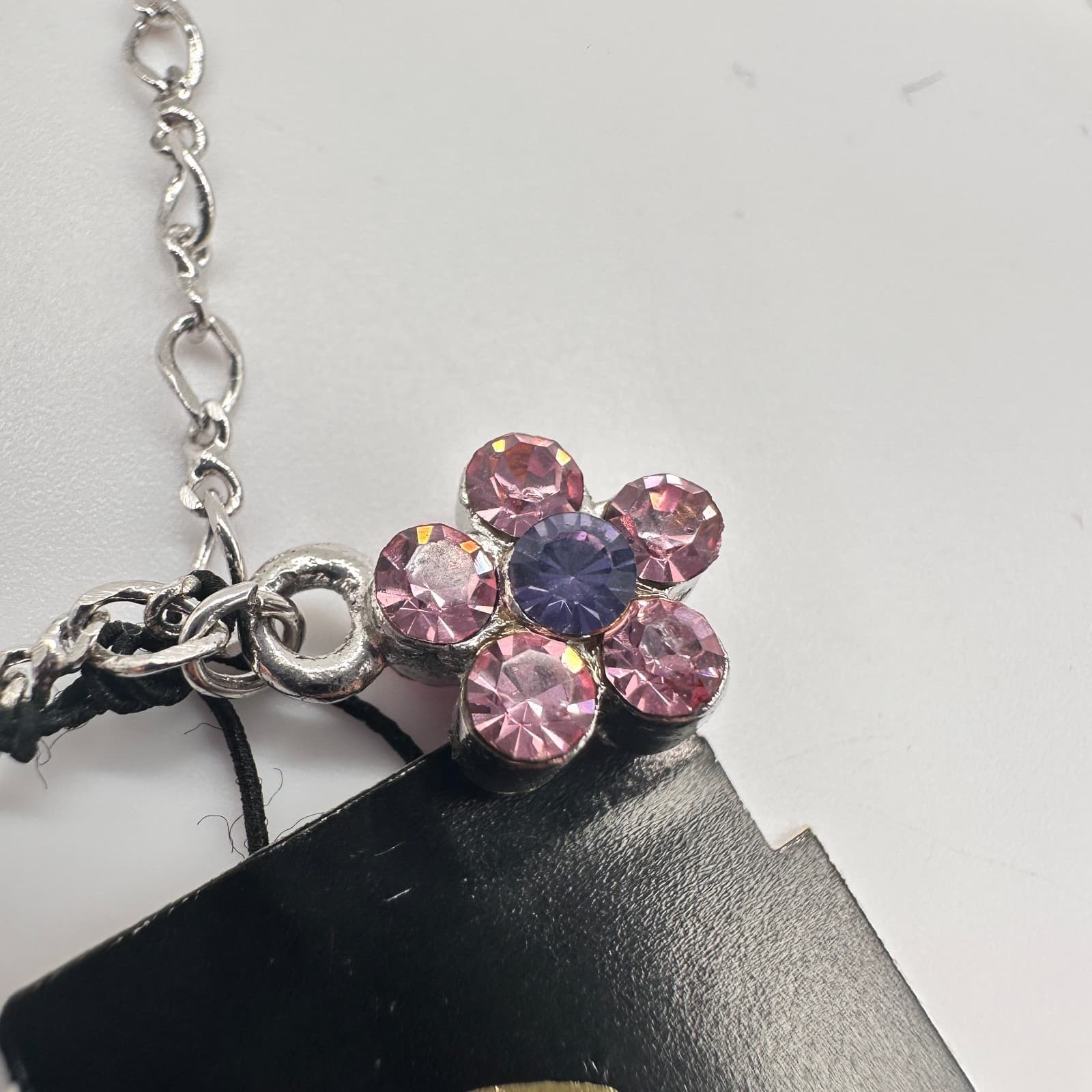 Vintage 80s C-Lee Silver-Tone Chain Pink Crystal Flower Charm Bracelet Jewelry - Thumbnail 4