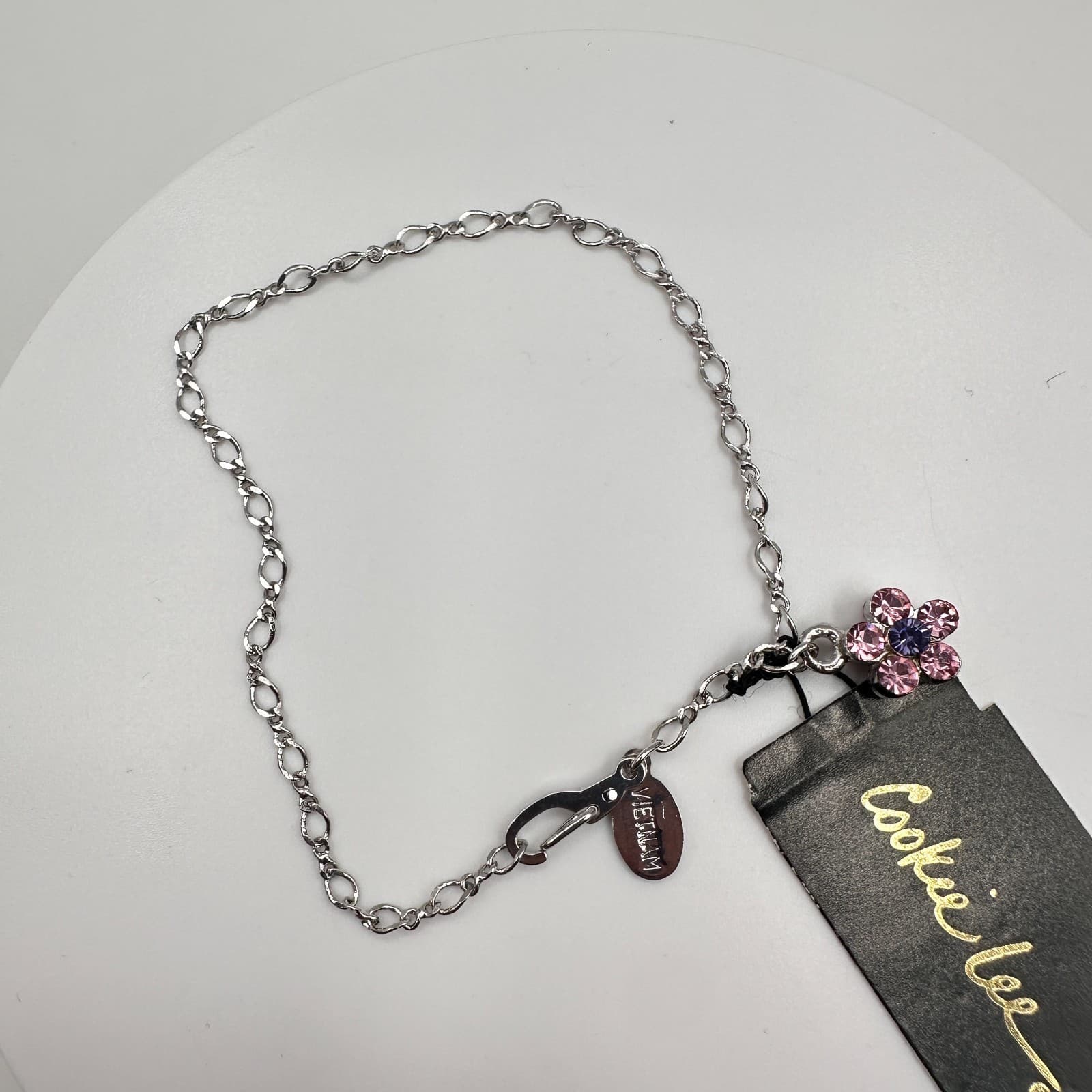 Vintage 80s C-Lee Silver-Tone Chain Pink Crystal Flower Charm Bracelet Jewelry - Thumbnail 8