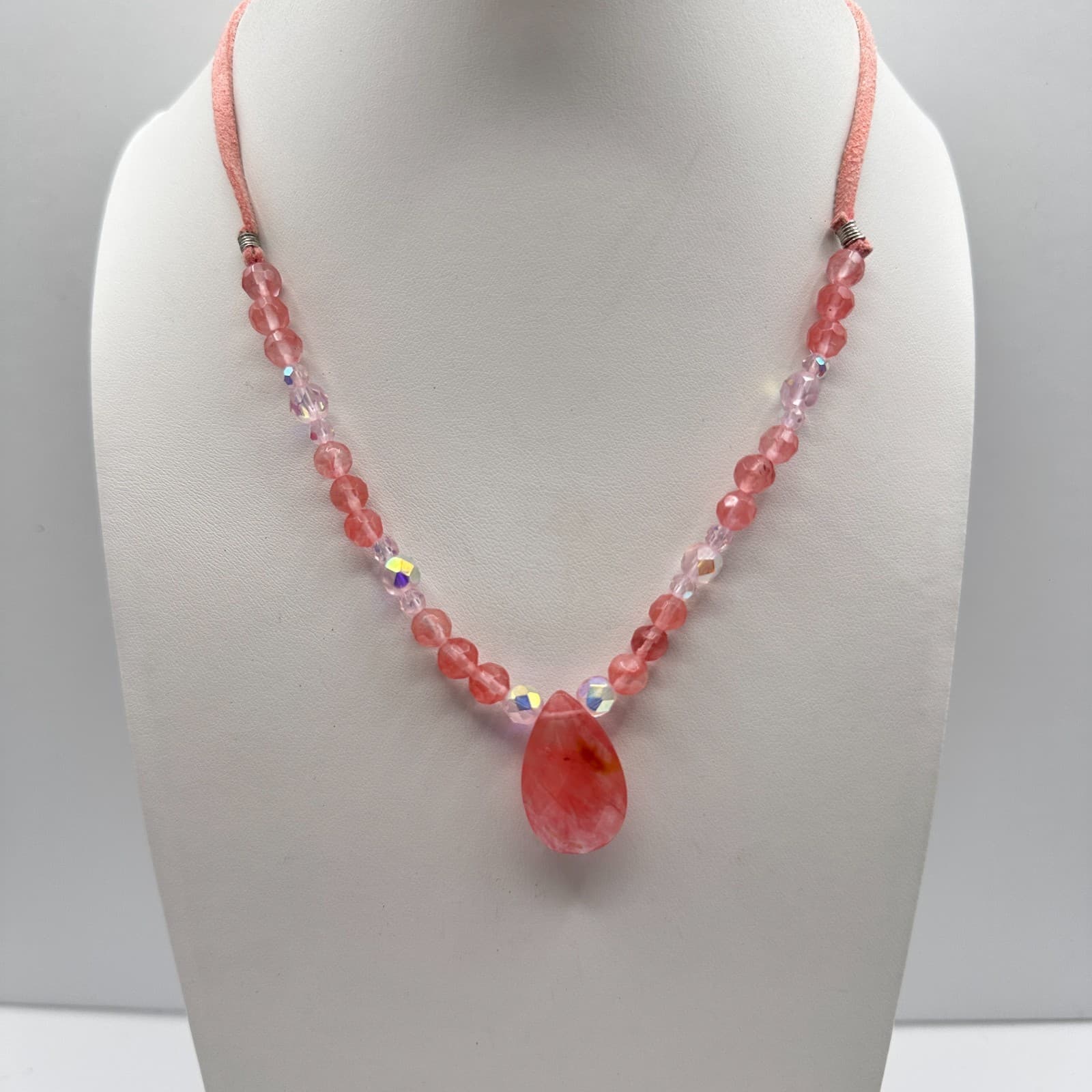 Vintage 90s Dainty Pink Strawberry Quartz Teardrop Pendant Beaded Choker Jewelry - Image 1