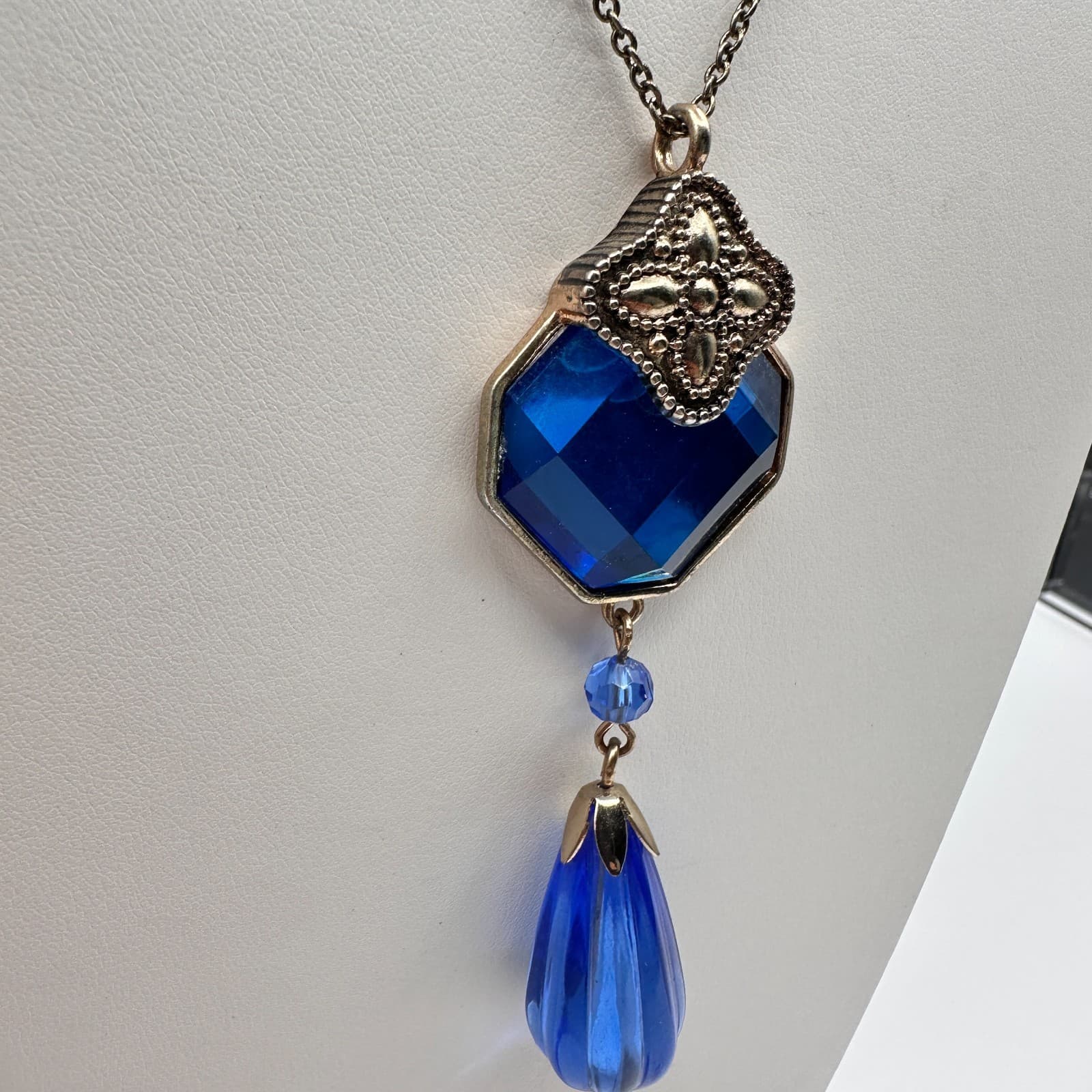 Vintage 90s Y2K Blue Hexagon Tassel Crystal Pendant Necklace Silver Tone Boho - Thumbnail 6