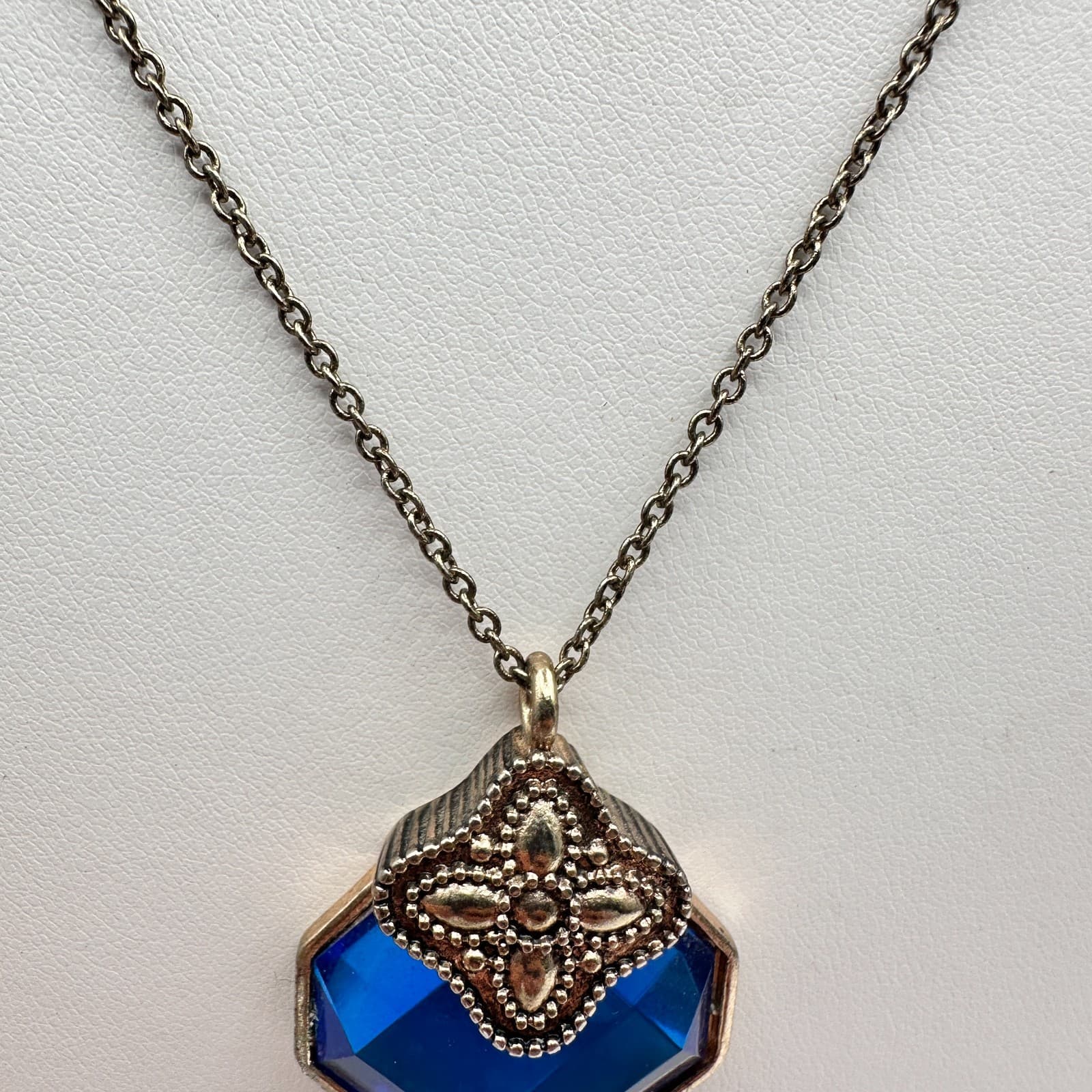 Vintage 90s Y2K Blue Hexagon Tassel Crystal Pendant Necklace Silver Tone Boho - Thumbnail 10