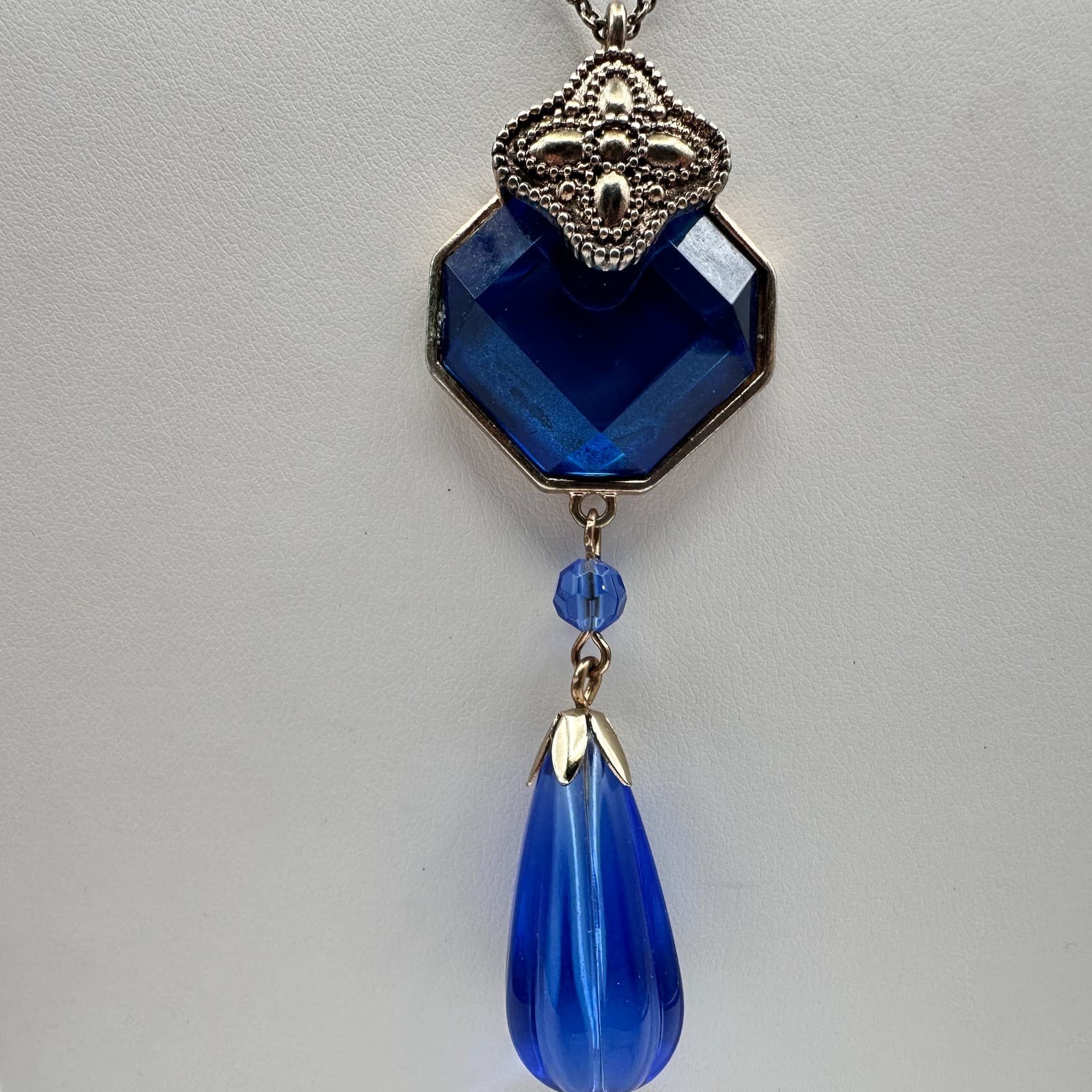 Vintage 90s Y2K Blue Hexagon Tassel Crystal Pendant Necklace Silver Tone Boho - Thumbnail 5