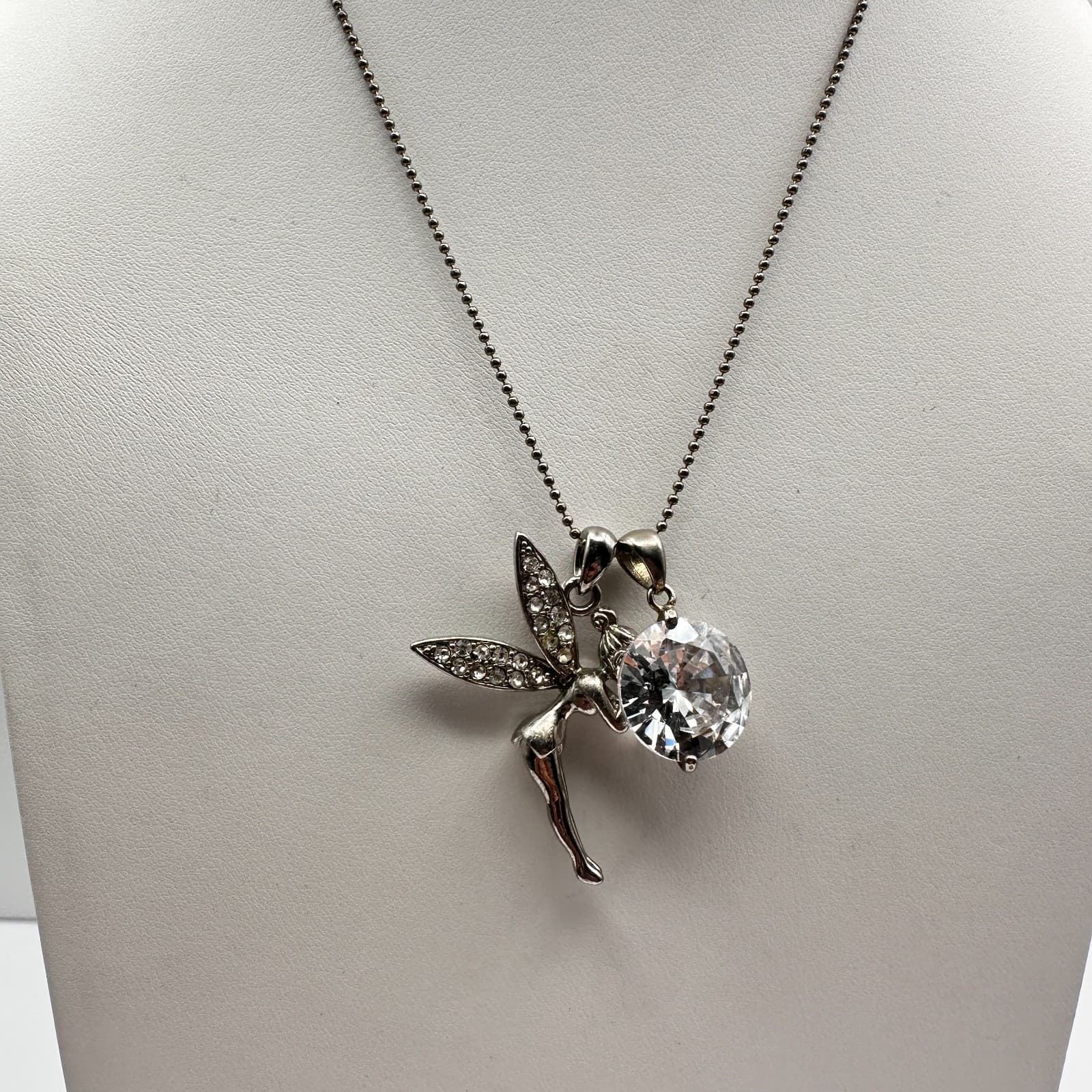 Vintage Y2K Fairy Pendant Necklace Silver Tone Crystal Rhinestone Tinkerbell - Thumbnail 2