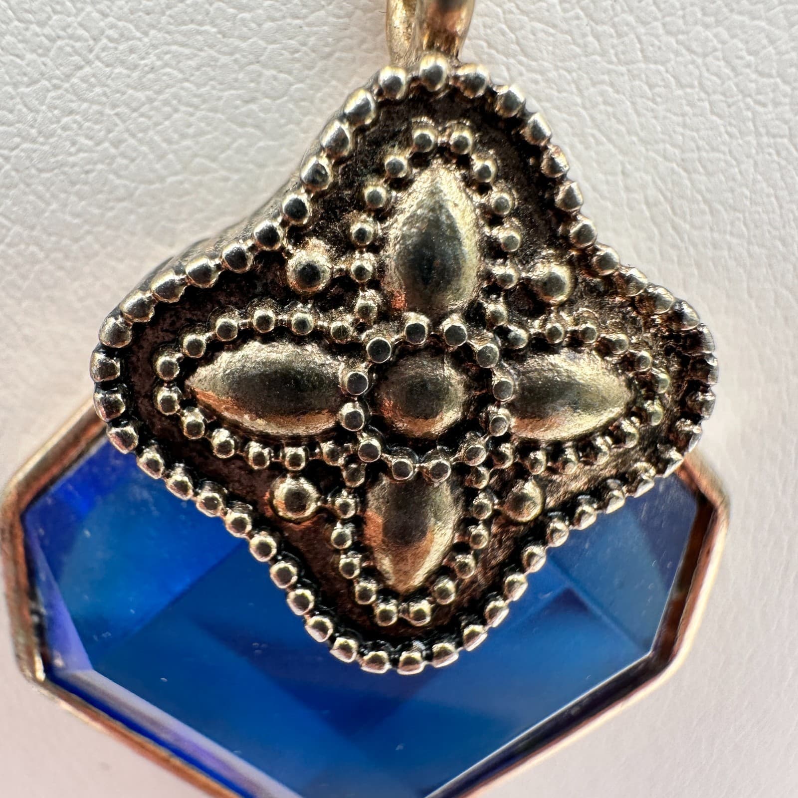 Vintage 90s Y2K Blue Hexagon Tassel Crystal Pendant Necklace Silver Tone Boho - Thumbnail 9