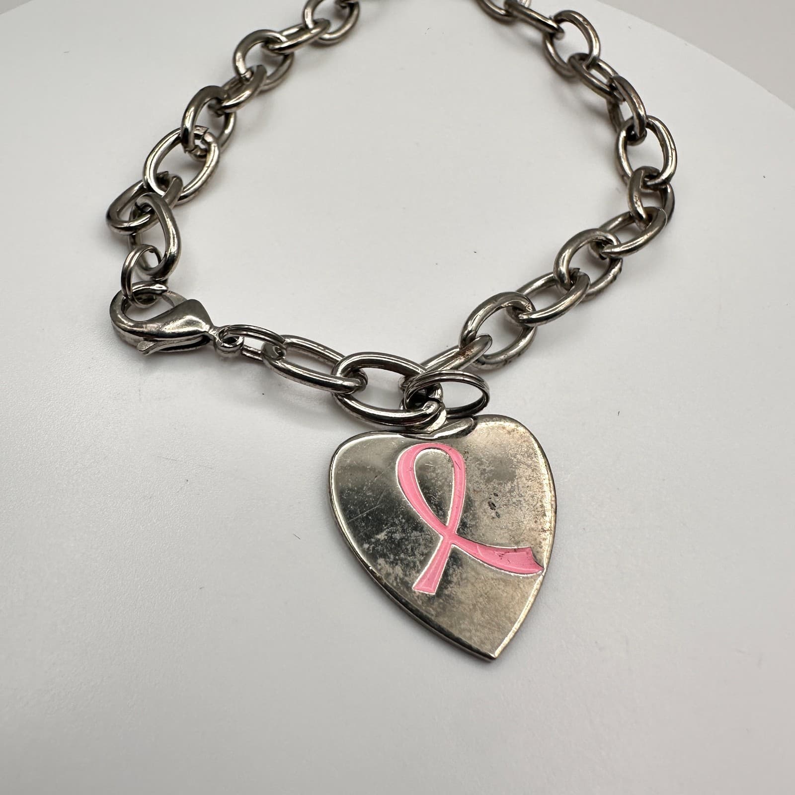 Vintage Y2K Silver Tone Bracelet Breast Cancer Awareness Pink Ribbon Heart Charm - Thumbnail 2