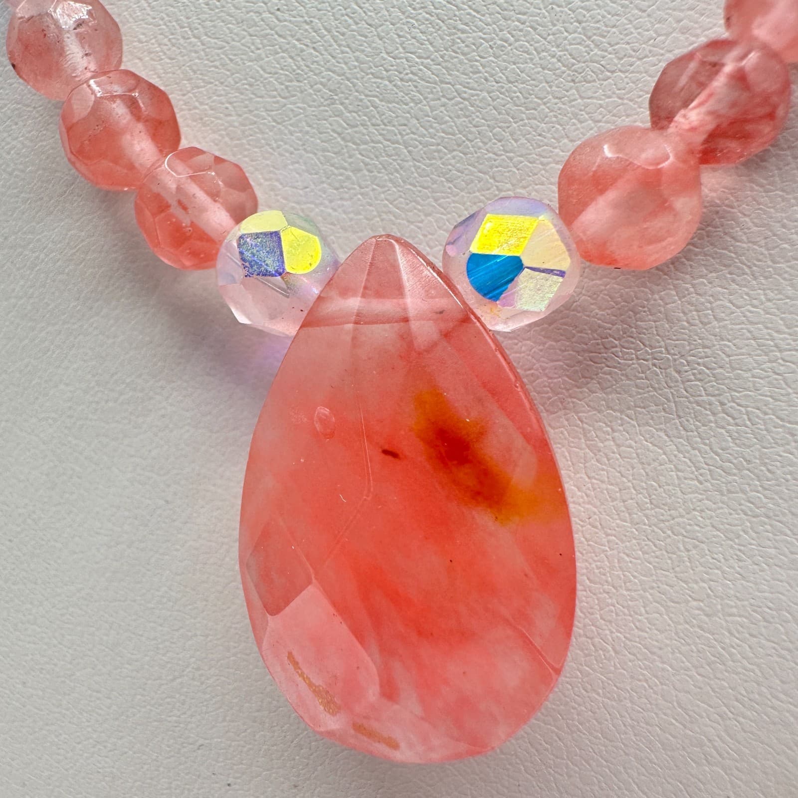 Vintage 90s Dainty Pink Strawberry Quartz Teardrop Pendant Beaded Choker Jewelry - Thumbnail 7