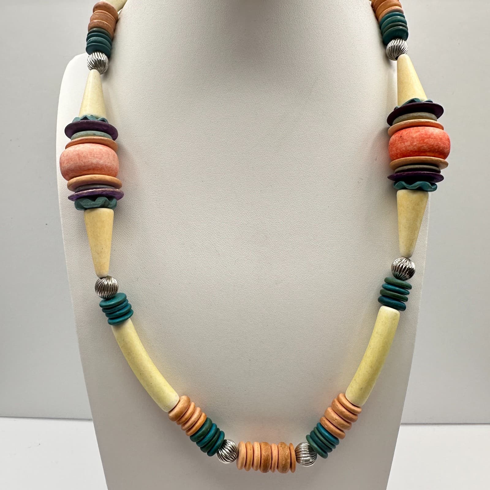 Vintage 80s Multi-Colour Boohoo Carved Wood & Bead Necklaces Jewelry - Thumbnail 19