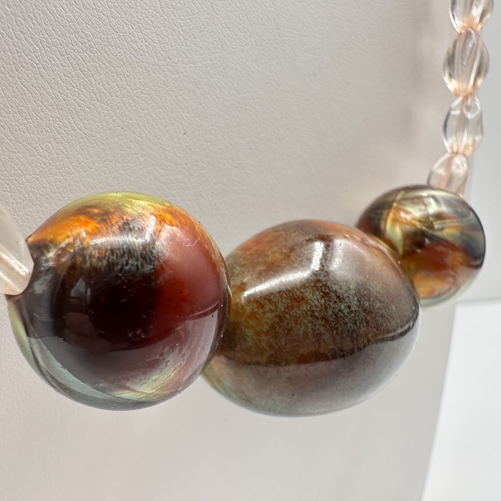 Vintage 90s Chunky Multi-Color Glass Bead Necklace Iridescent Earth Tone Jewelry - Thumbnail 8