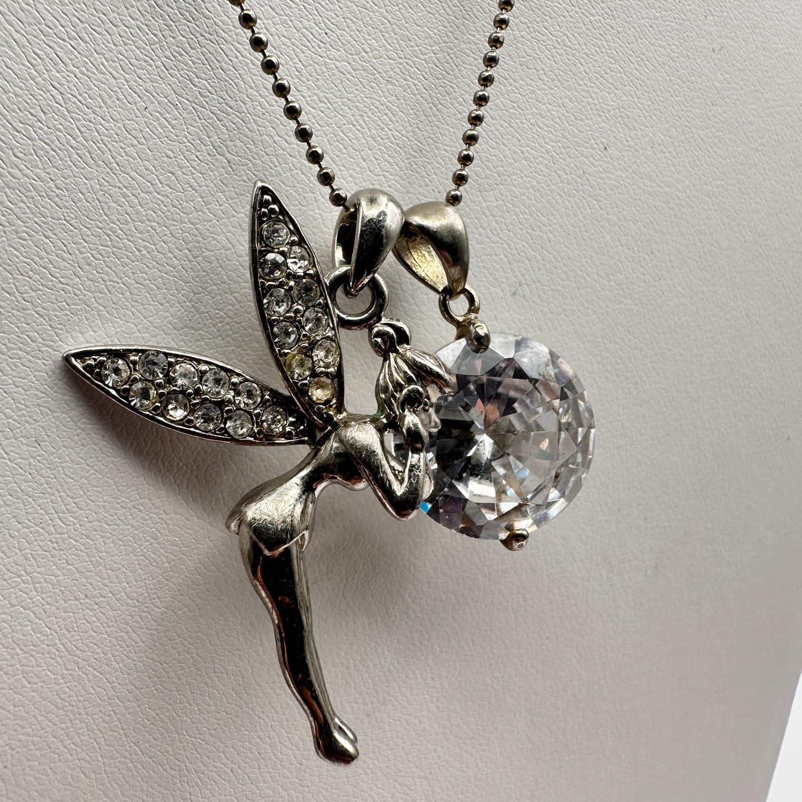 Vintage Y2K Fairy Pendant Necklace Silver Tone Crystal Rhinestone Tinkerbell - Thumbnail 4