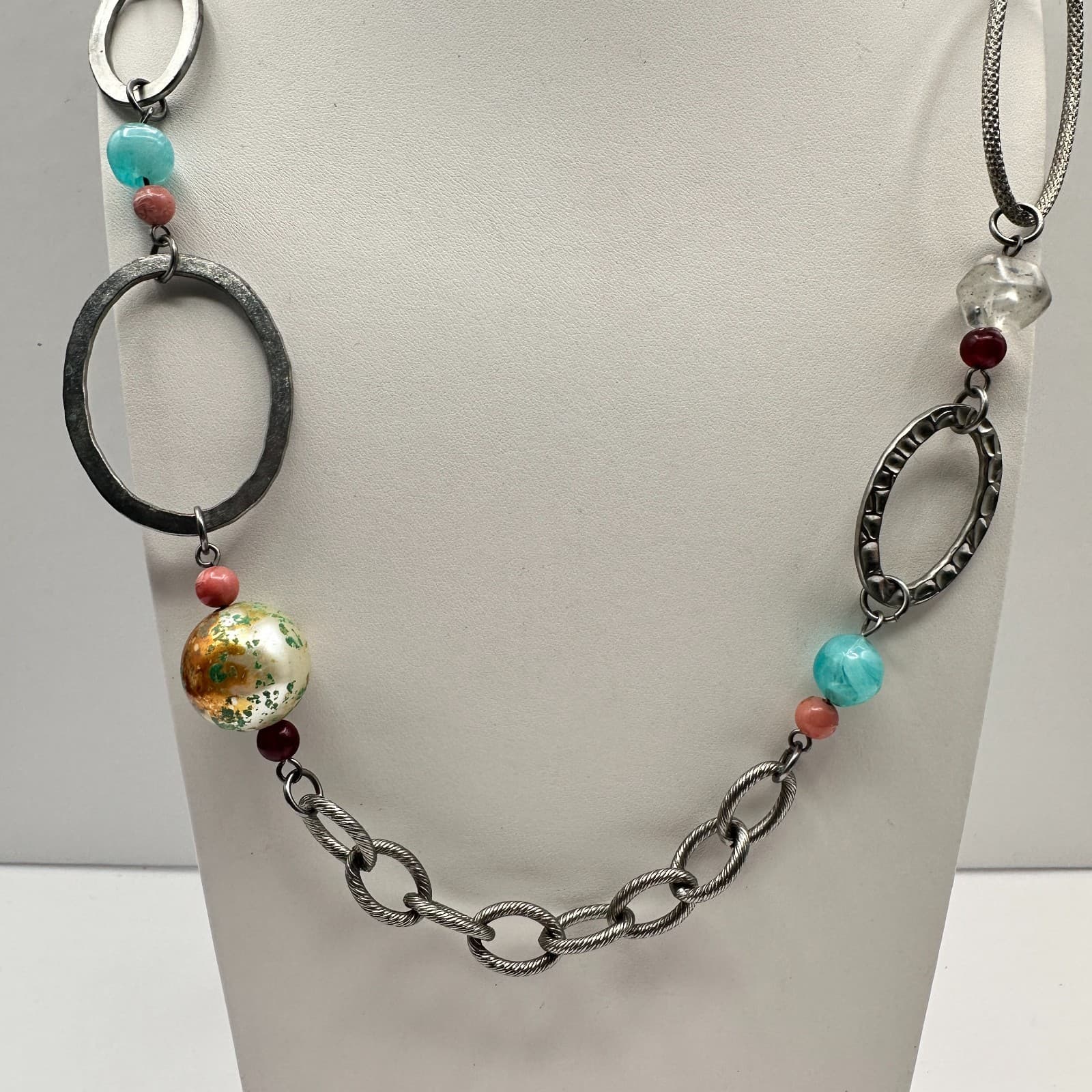 Vintage 90s Boho Multi-Color Stones Chunky Bead Chain Necklace Women's Jewelry - Thumbnail 2