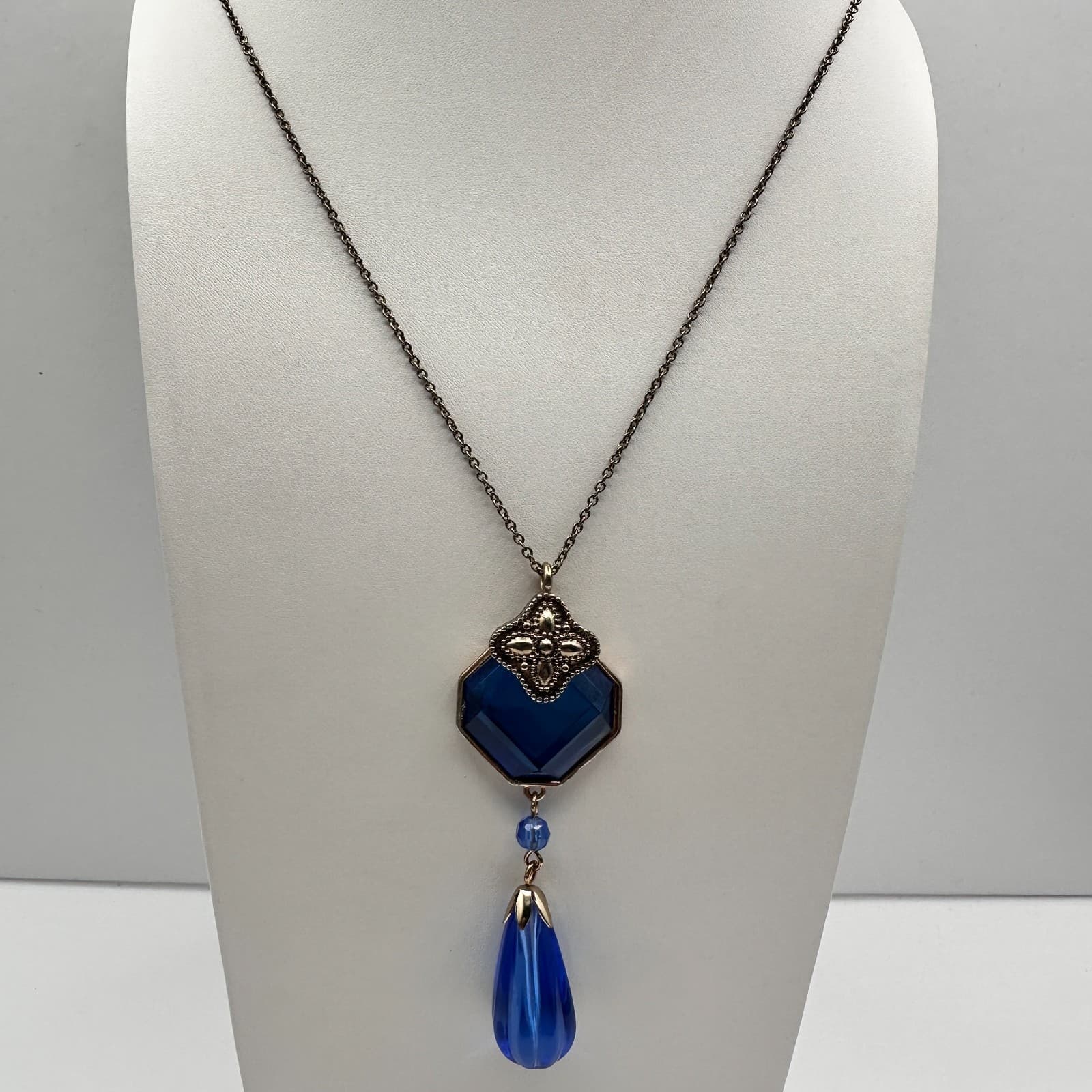 Vintage 90s Y2K Blue Hexagon Tassel Crystal Pendant Necklace Silver Tone Boho - Thumbnail 11