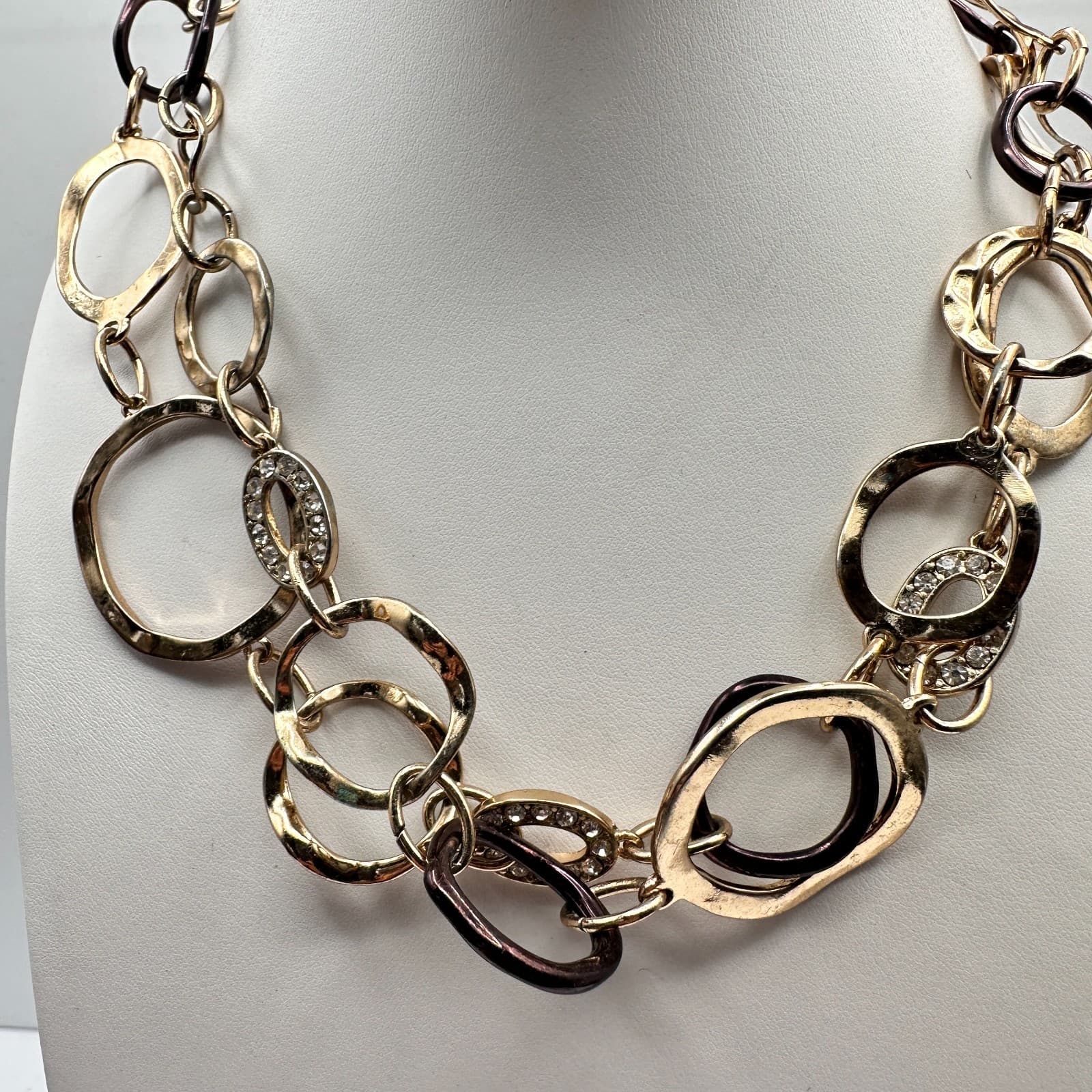 Vintage 80s Chunky Multi-Tone Hammered Link Statement Choker Necklace Jewelry - Thumbnail 7