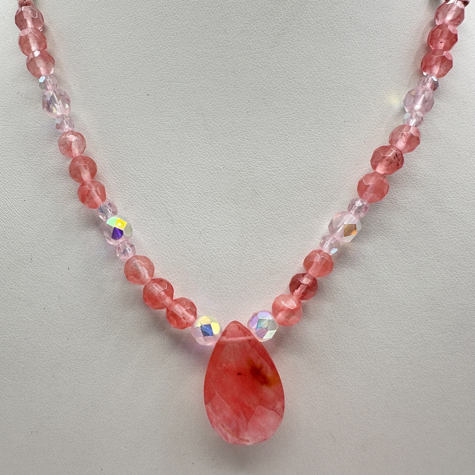Vintage 90s Dainty Pink Strawberry Quartz Teardrop Pendant Beaded Choker Jewelry - Thumbnail 6