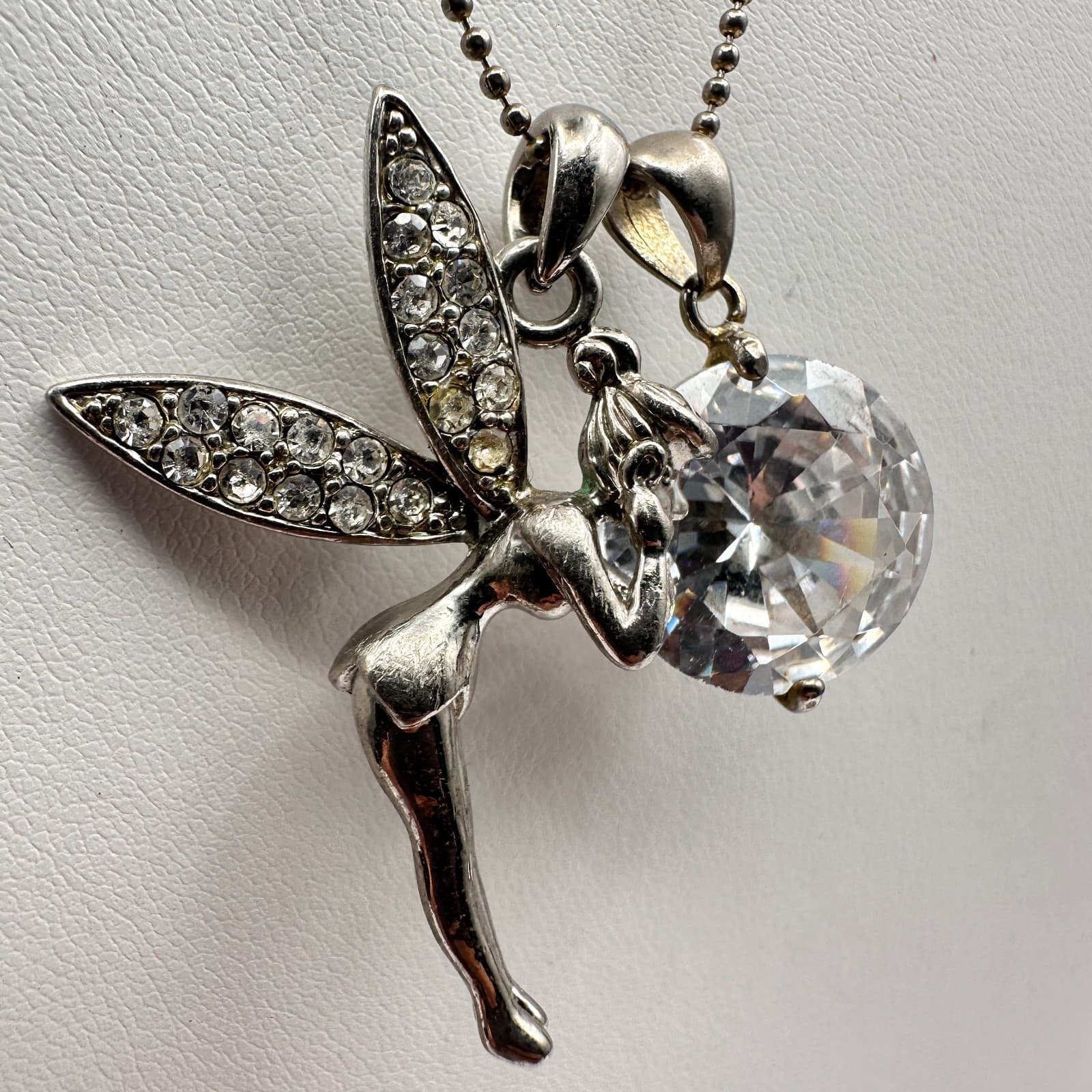 Vintage Y2K Fairy Pendant Necklace Silver Tone Crystal Rhinestone Tinkerbell - Image 1