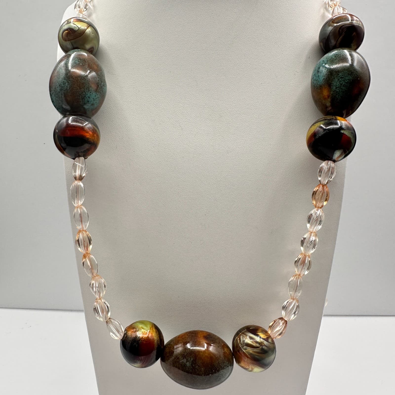 Vintage 90s Chunky Multi-Color Glass Bead Necklace Iridescent Earth Tone Jewelry - Thumbnail 10