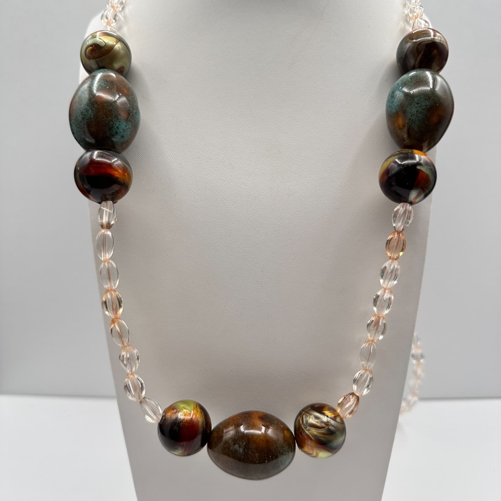 Vintage 90s Chunky Multi-Color Glass Bead Necklace Iridescent Earth Tone Jewelry - Thumbnail 2