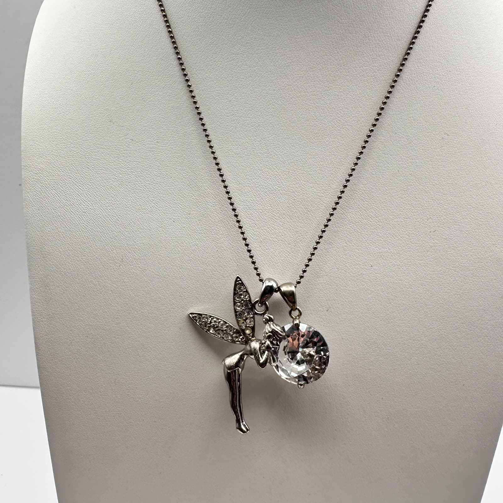 Vintage Y2K Fairy Pendant Necklace Silver Tone Crystal Rhinestone Tinkerbell - Thumbnail 6
