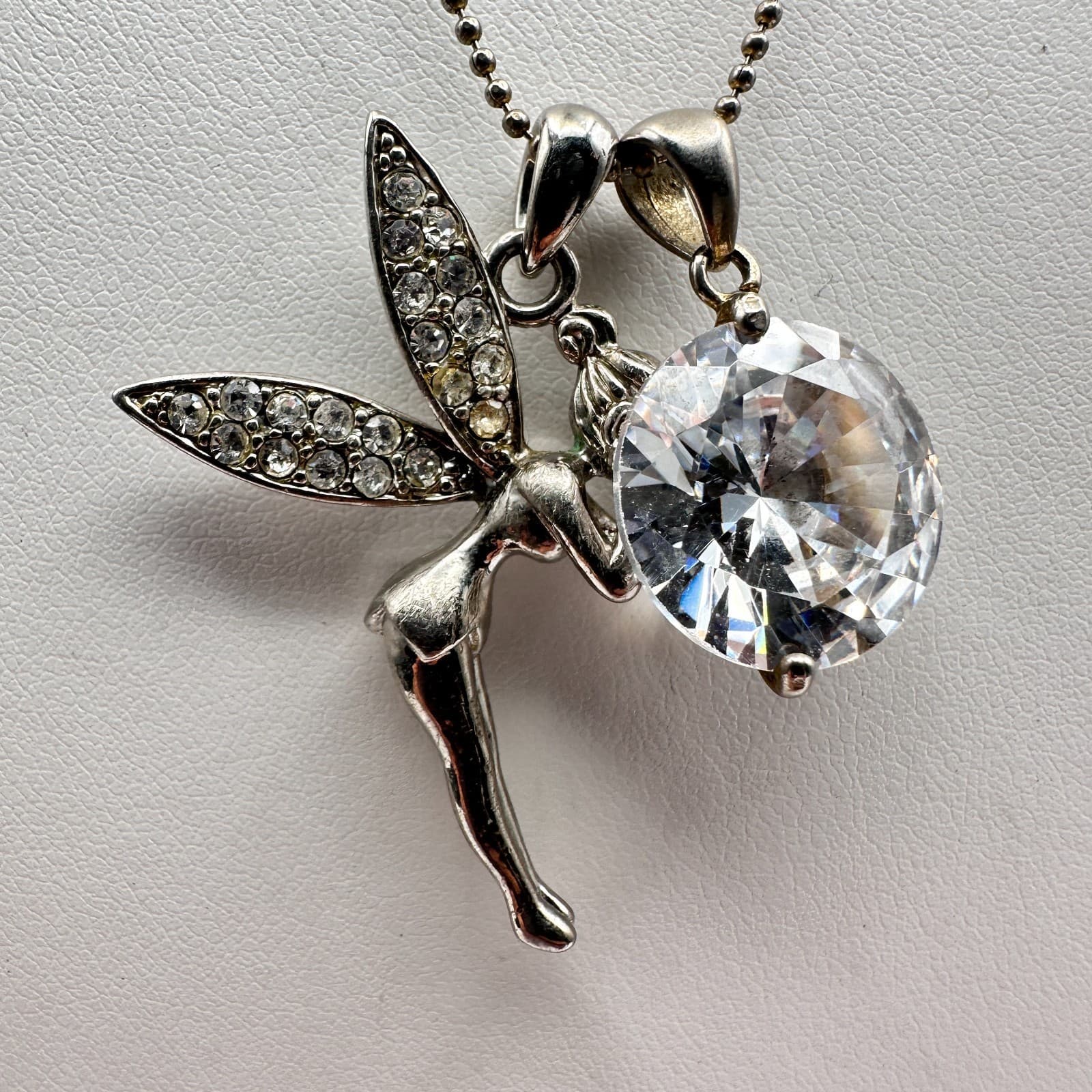 Vintage Y2K Fairy Pendant Necklace Silver Tone Crystal Rhinestone Tinkerbell - Thumbnail 3