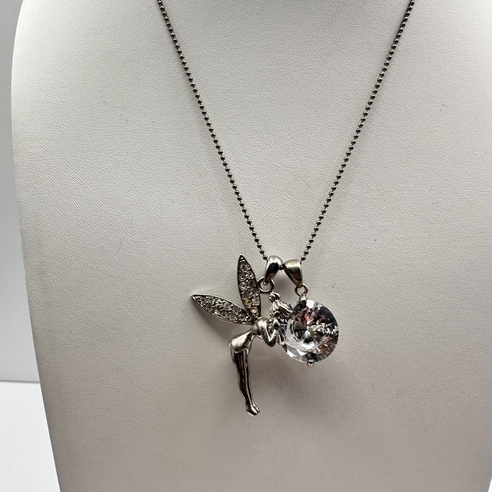 Vintage Y2K Fairy Pendant Necklace Silver Tone Crystal Rhinestone Tinkerbell - Thumbnail 7