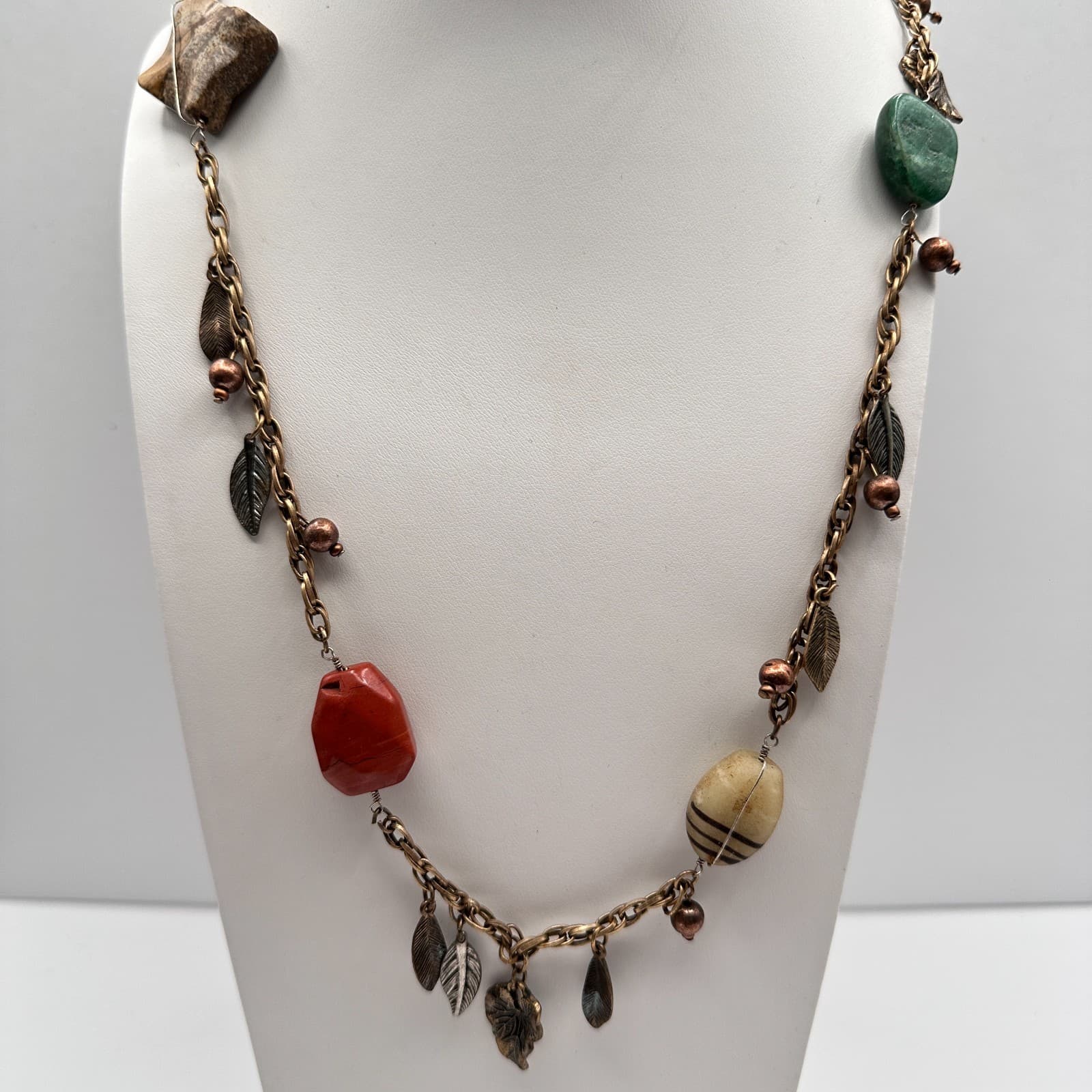Vintage 80s Bohemian Mixed Stone & Metal Leaf Statement Choker Neckless Jewelry - Image 1